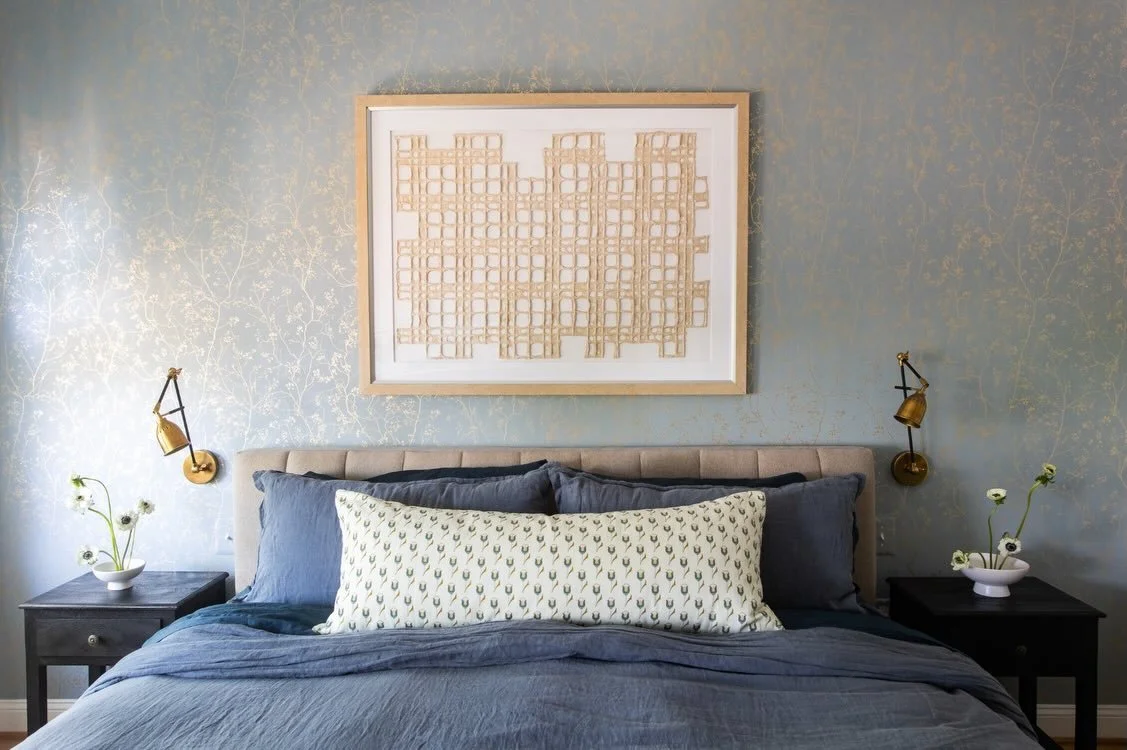 A little quieter, a little moodier, and exactly what a primary bedroom should be.

We kept our clients&rsquo; existing bed and built around it with new furnishings, bedside sconces, and a subtle York wallpaper that has the prettiest shimmer when the 