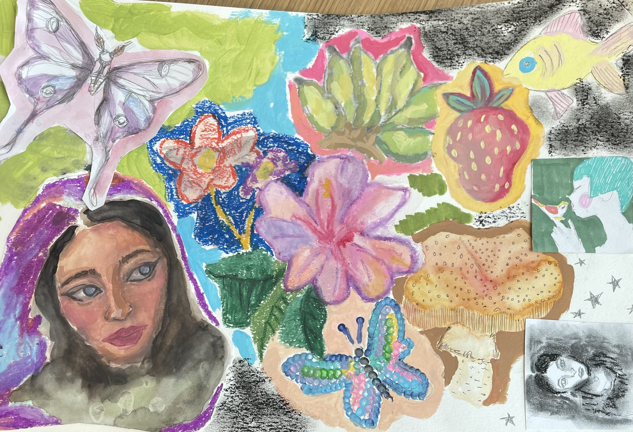 mixed mediums: pencils, watercolor, oil pastels, charcoal on paper- 2024
