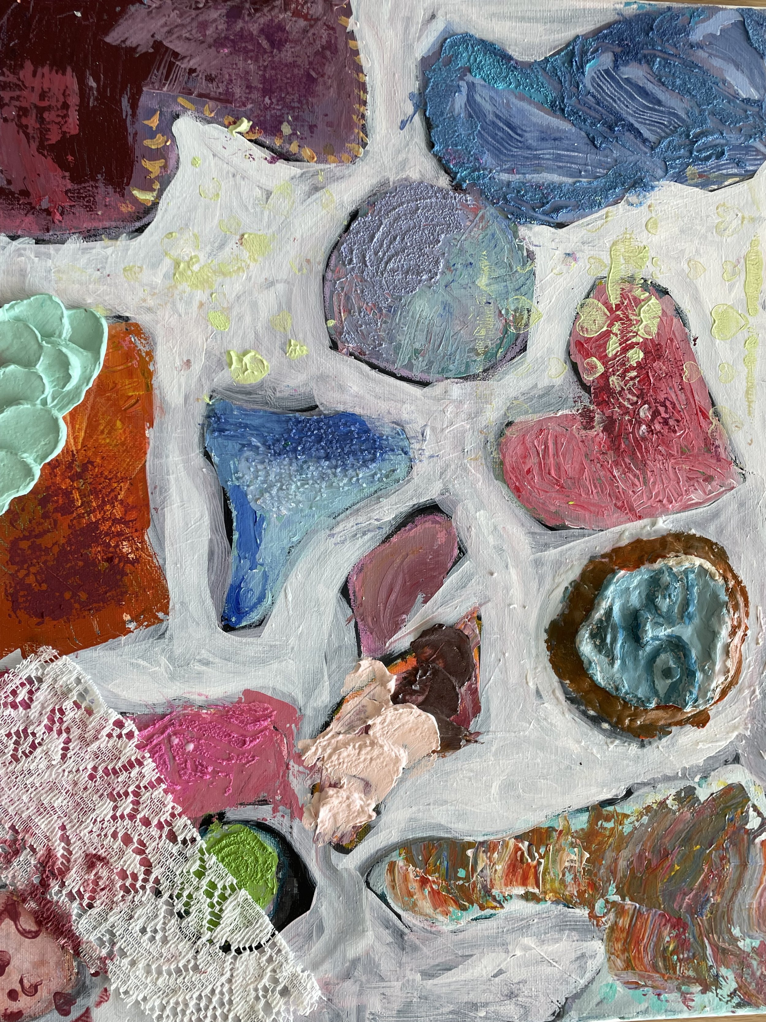Mixed mediums: acrylic, lace fabric, clay on Canvas- 2024