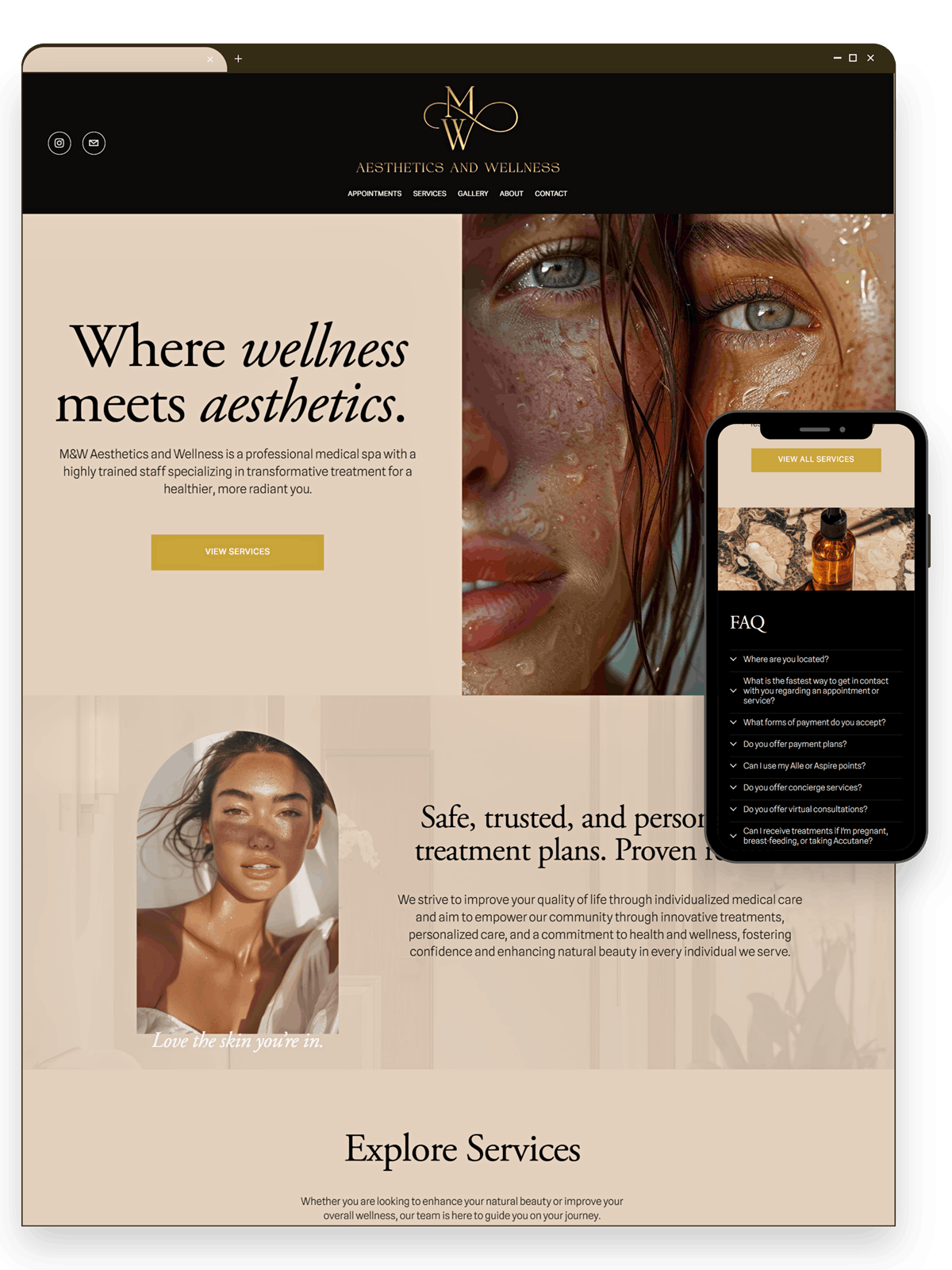 Browser window screenshot of the homepage of M&W Aesthetics's website with a mobile view version in a phone cutout to the right. To showcase the Squarespace website custom built by The Greenhaus Studio.