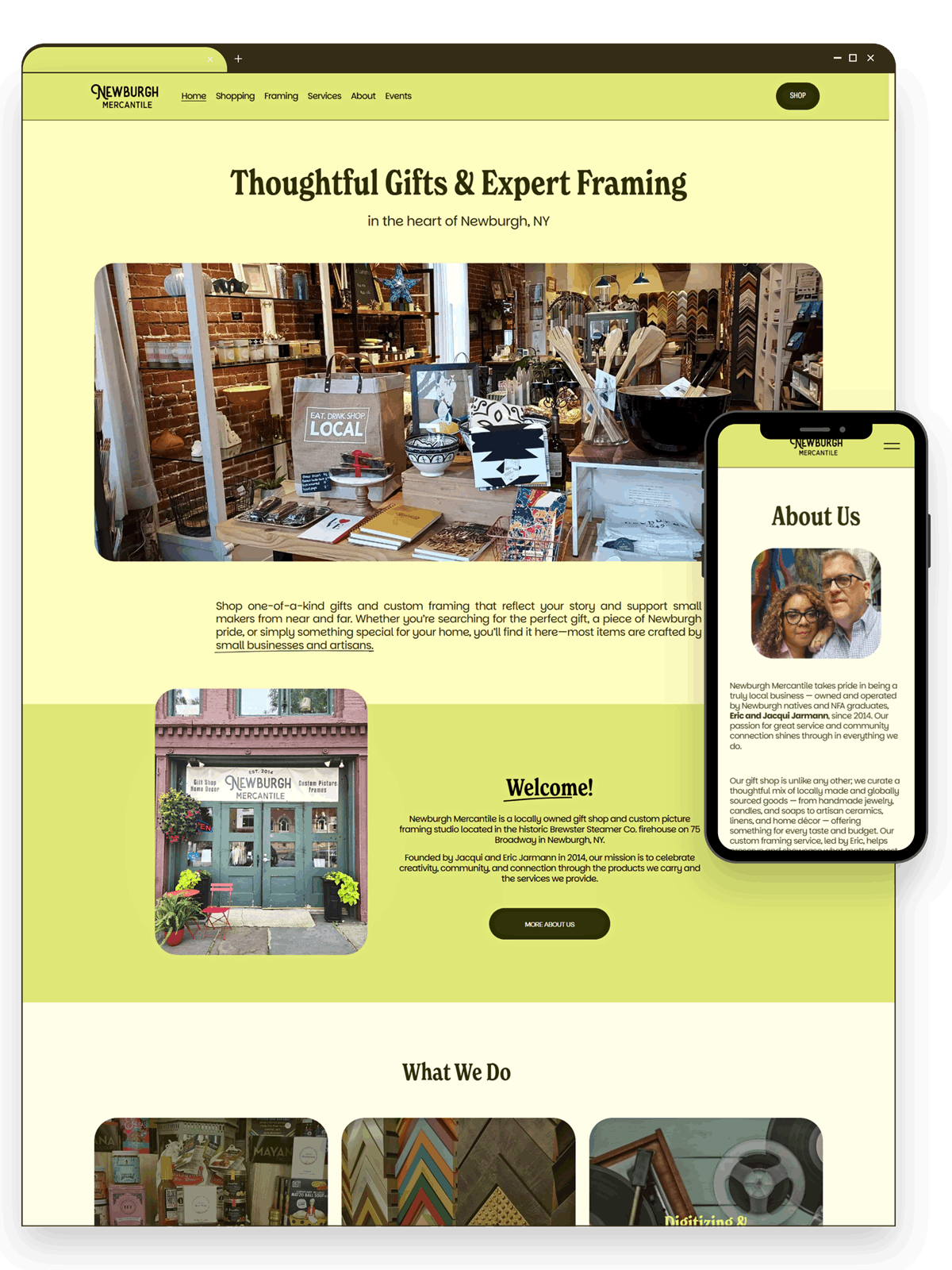 Browser window screenshot of the homepage of Newburgh Mercantile's website with a mobile view version in a phone cutout to the right. To showcase the Squarespace website custom built by The Greenhaus Studio in the Orange County, NY..