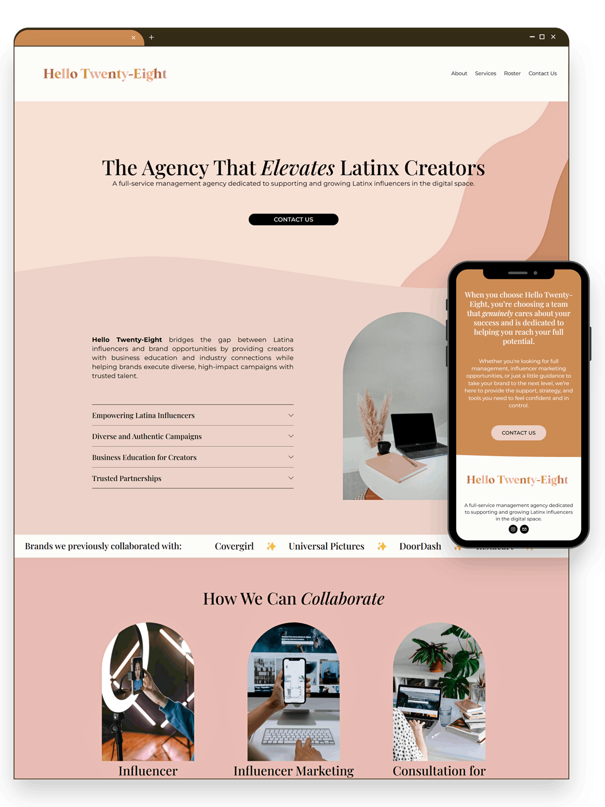 Browser window screenshot of the homepage of Hello Twenty-Eight's website with a mobile view version in a phone cutout to the right. To showcase the Squarespace website custom built by The Greenhaus Studio for a social media manager.