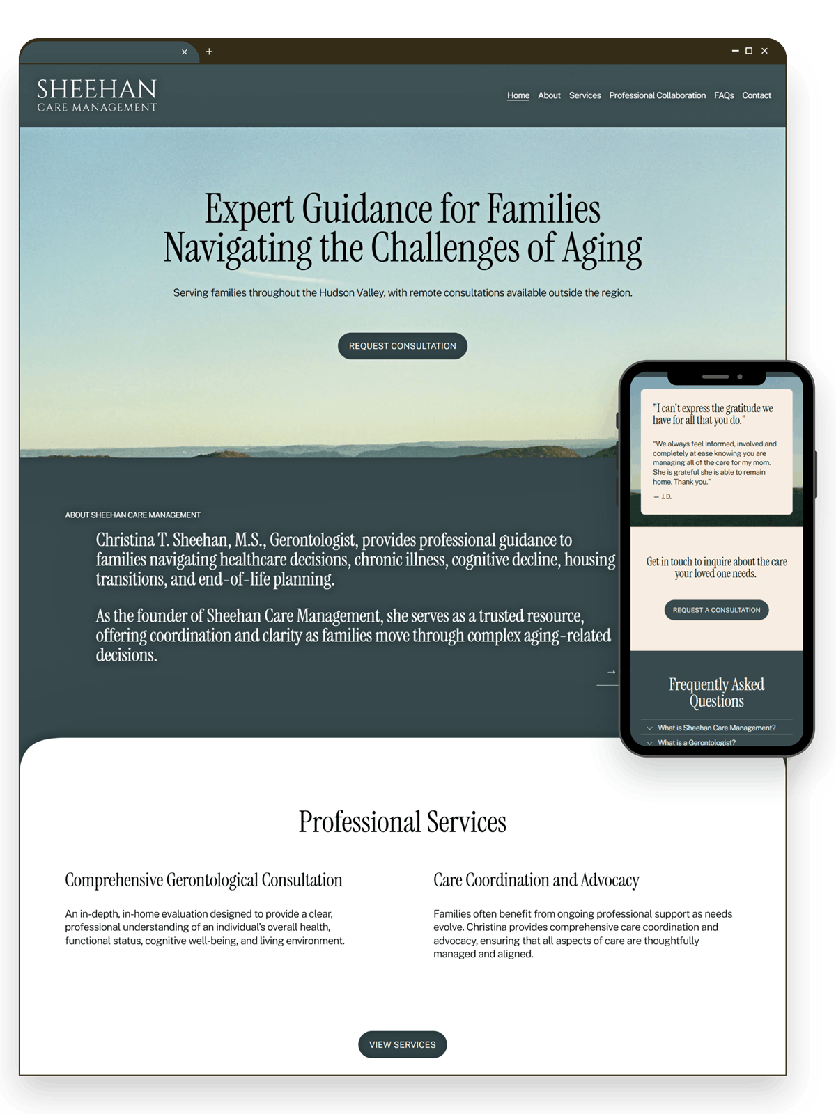 Browser window screenshot of the homepage of Sheehan Care Management's website with a mobile view version in a phone cutout to the right. To showcase the Squarespace website custom built by The Greenhaus Studio for geriatric care management in NY.