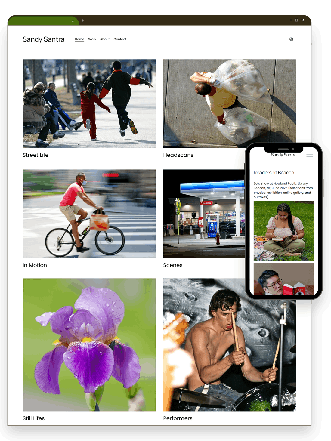 Browser window screenshot of the homepage of photographer Sandy Santra's website with a mobile view version in a phone cutout to the right. To showcase the Squarespace website custom built by The Greenhaus Studio in Beacon, NY.