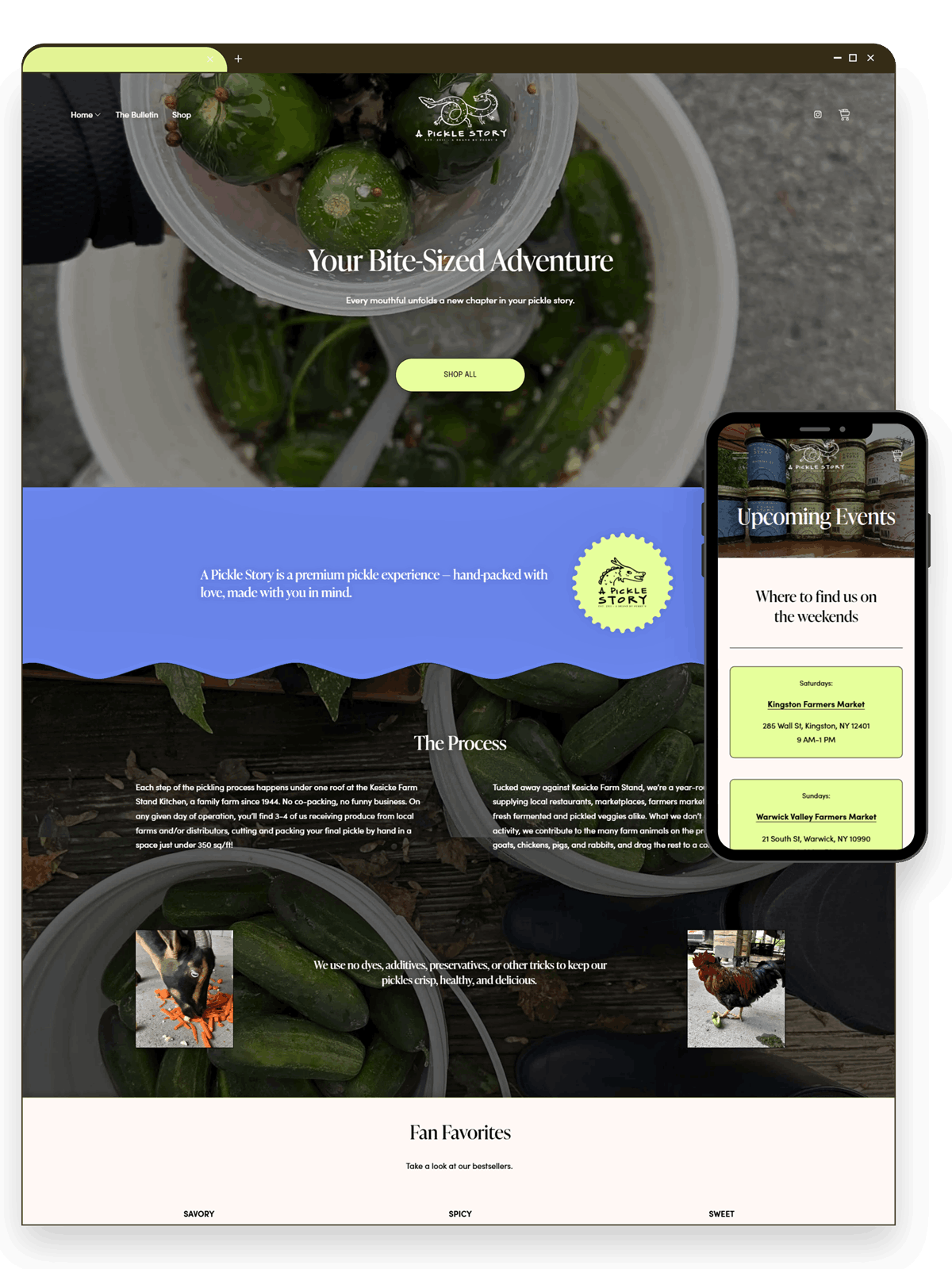 Browser window screenshot of the homepage of A Pickle Story's website with a mobile view version in a phone cutout to the right. To showcase the Squarespace website custom built by The Greenhaus Studio in the Hudson Valley, NY.