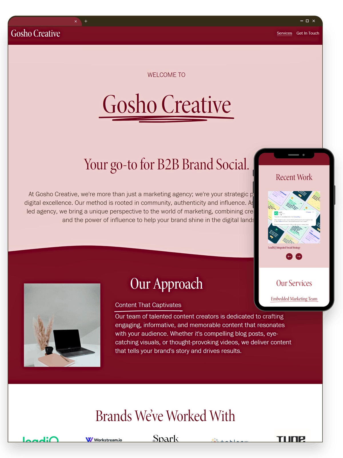 Browser window screenshot of the homepage of Gosho Creative's website with a mobile view version in a phone cutout to the right. To showcase the Squarespace website custom built by The Greenhaus Studio for a digital marketing agency.