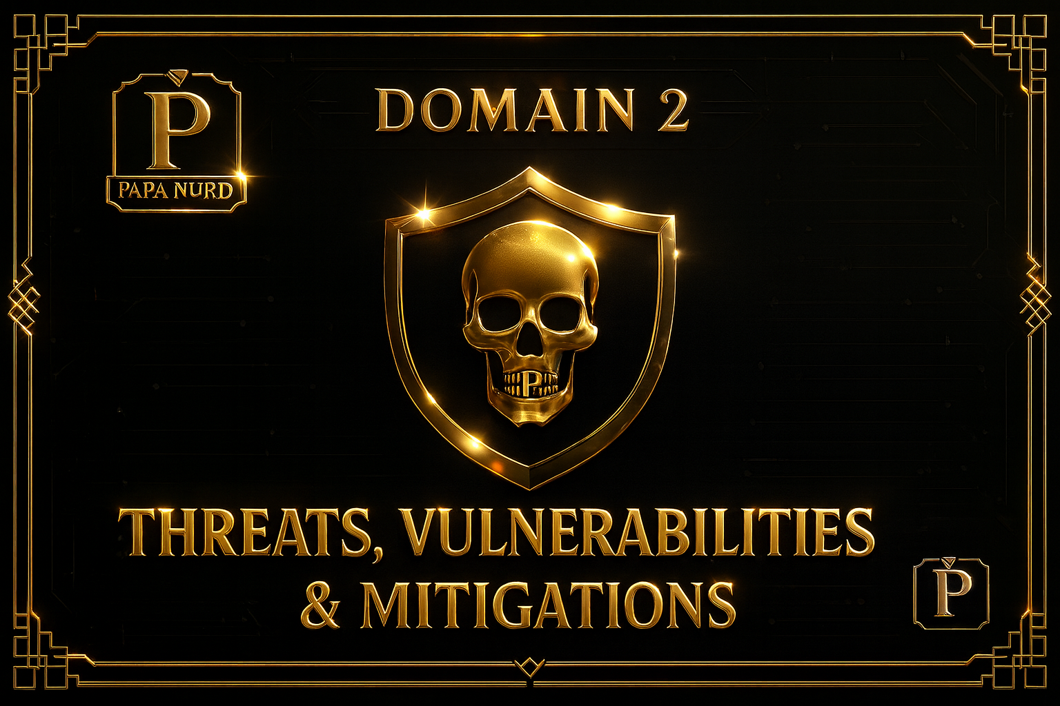 Gold skull inside a shield emblem on a black background, text saying 'Domain 2,' and 'Threats, Vulnerabilities & Mitigations'; gold decorative border and logos with 'PAPA NURD'