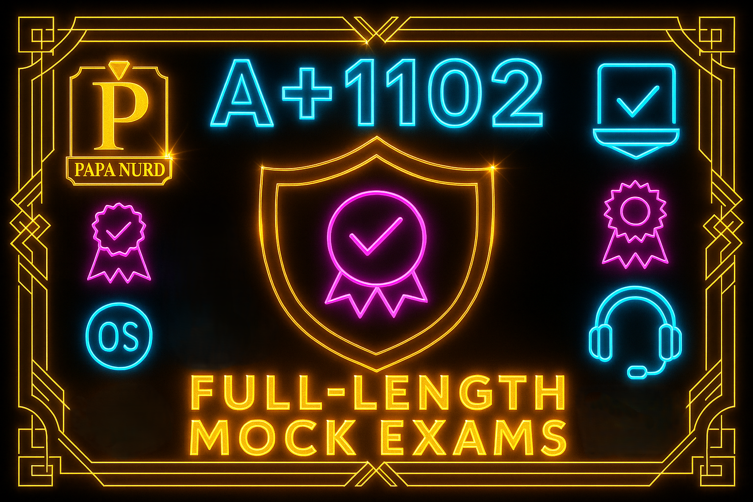Neon sign with the text 'Full-Length Mock Exams' and 'A+102' in bright colors, featuring various symbols such as a shield, a badge, a headset, and a star, along with decorative border elements.