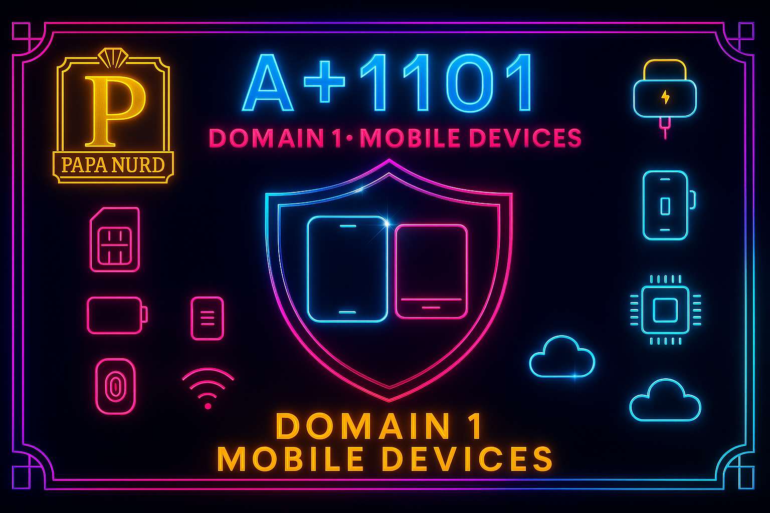 Neon sign with various icons and text related to mobile devices and security, including a shield with two smartphones, a lock, cloud icons, and Wi-Fi symbols, with headings such as 'A+1101' and 'Domain 1 Mobile Devices.'