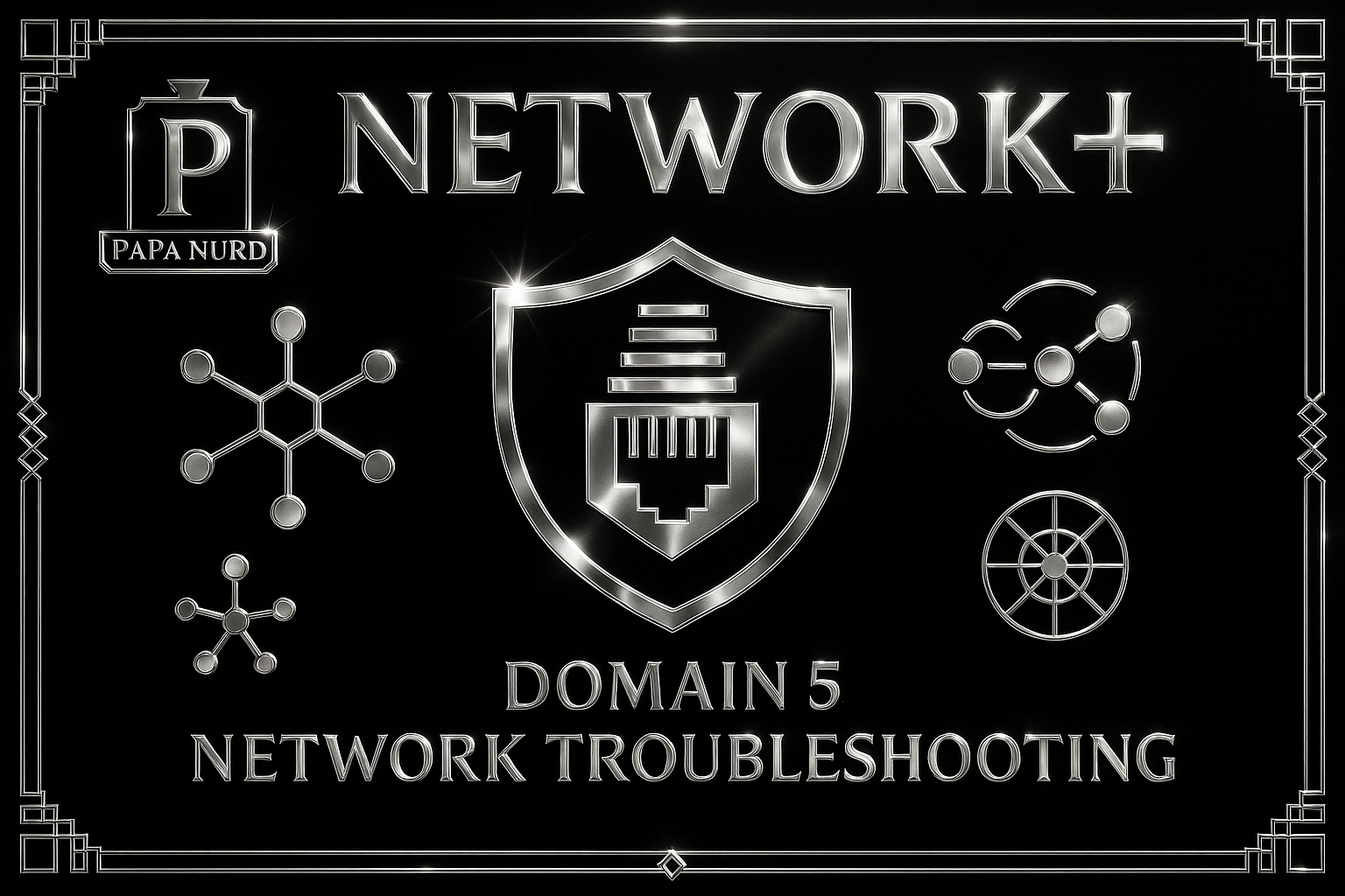 Neon sign featuring the words 'Network+', with the subtitle 'Domain 5 Network Troubleshooting'. The sign includes graphics of interconnected molecules, a network shield with an Ethernet connector, a circular network diagram, and a radar-like target symbol, all outlined in neon lights on a black background.