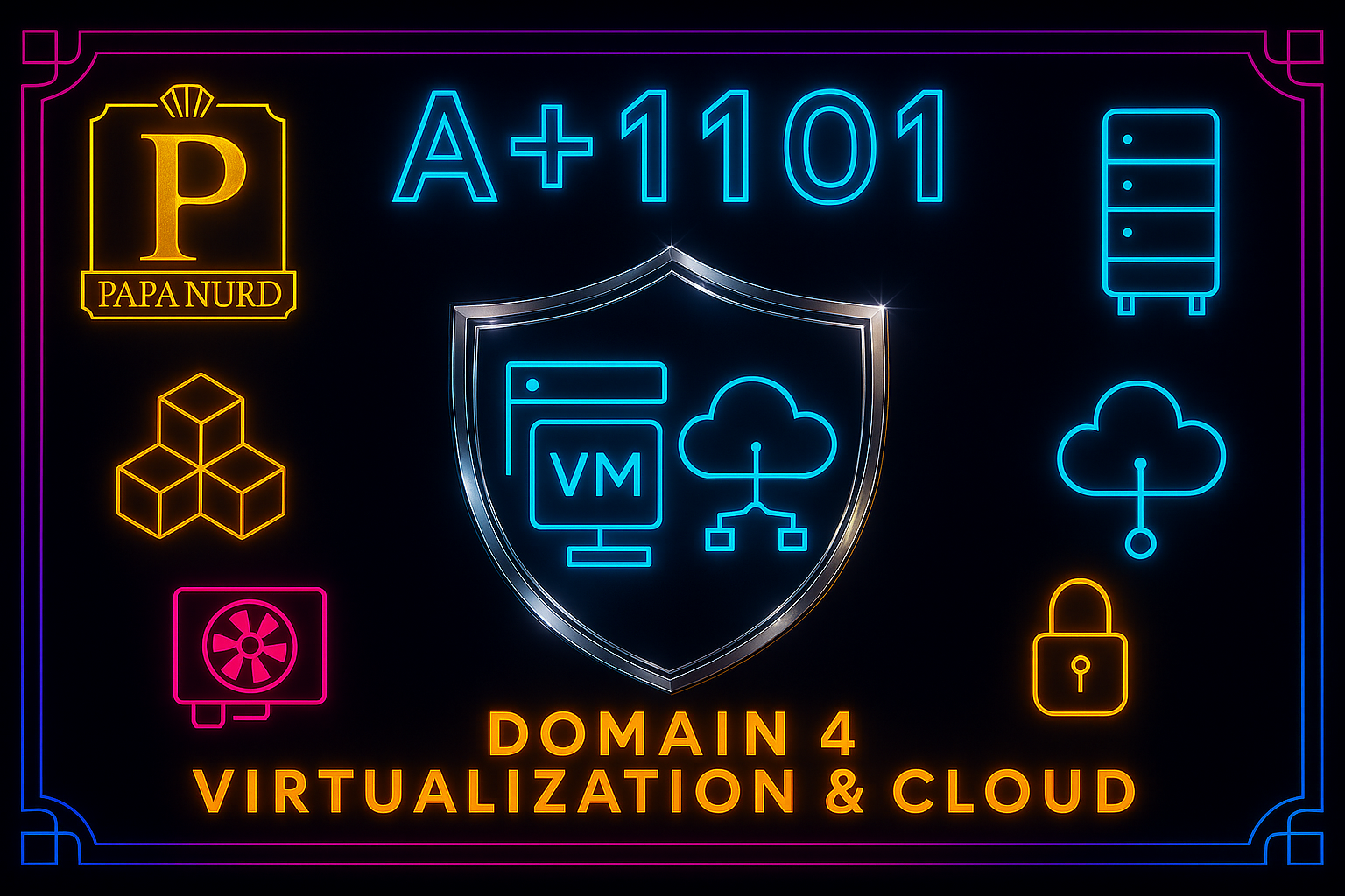 Neon sign with various icons and text related to virtualization and cloud computing, including a shield with cloud and VM symbols, a database, a cube structure, a server, a lock, and hexagon icon. Text includes "A+1101", "PAPA NURD", and "DOMAIN 4 VIRTUALIZATION & CLOUD."