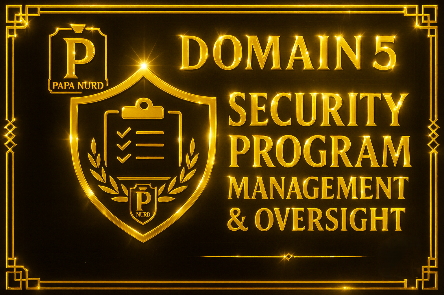 Neon sign for Domains 5 Security Program Management & Oversight featuring a shield with a checklist, laurel wreath, and the text PAPA NURD.