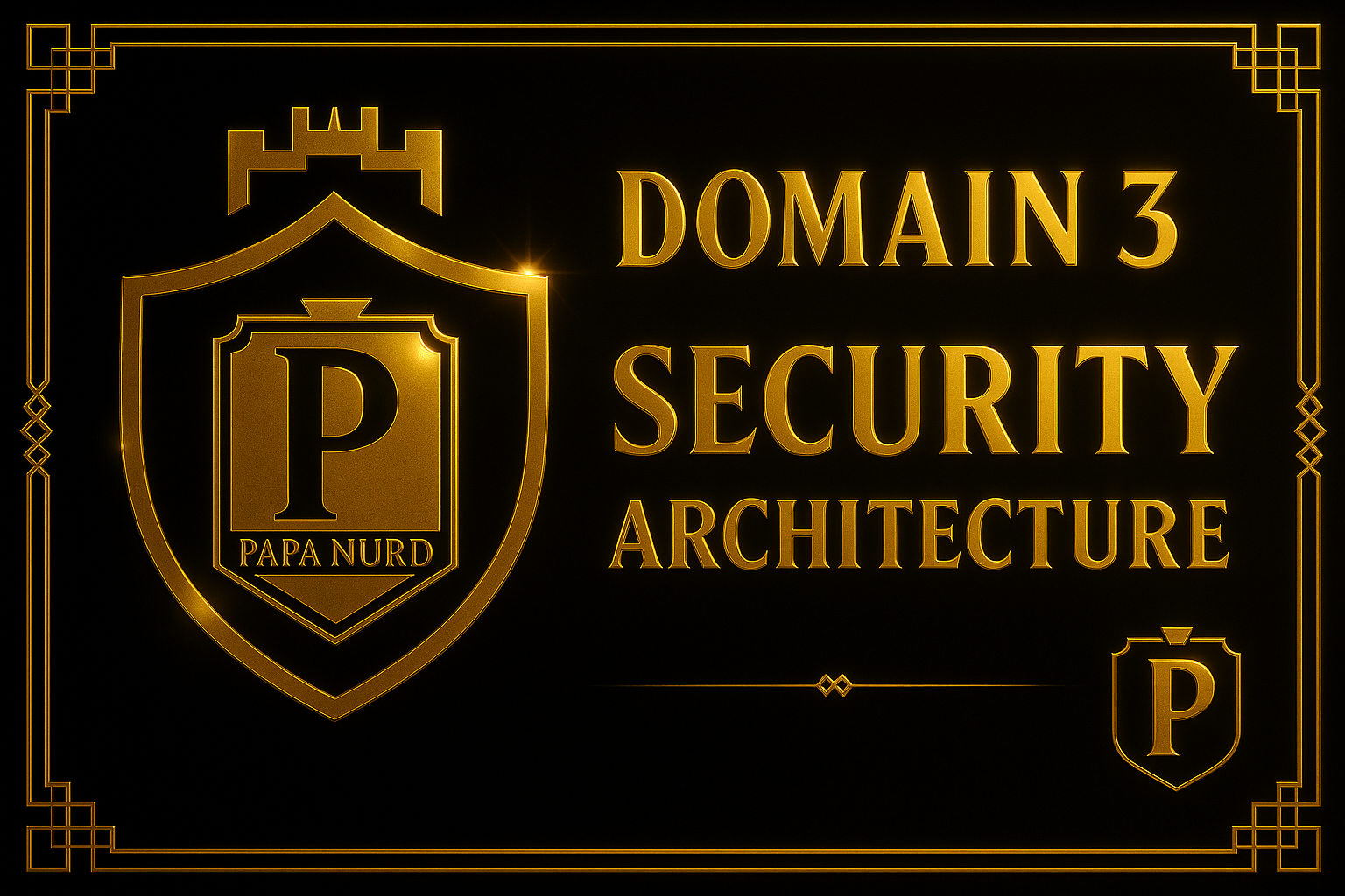 A black background with a gold border and decorative elements. Gold shield emblem with a large letter 'P' and the words 'PAPA NURD' inside. To the right, gold text reads 'Domain 3 Security Architecture'.