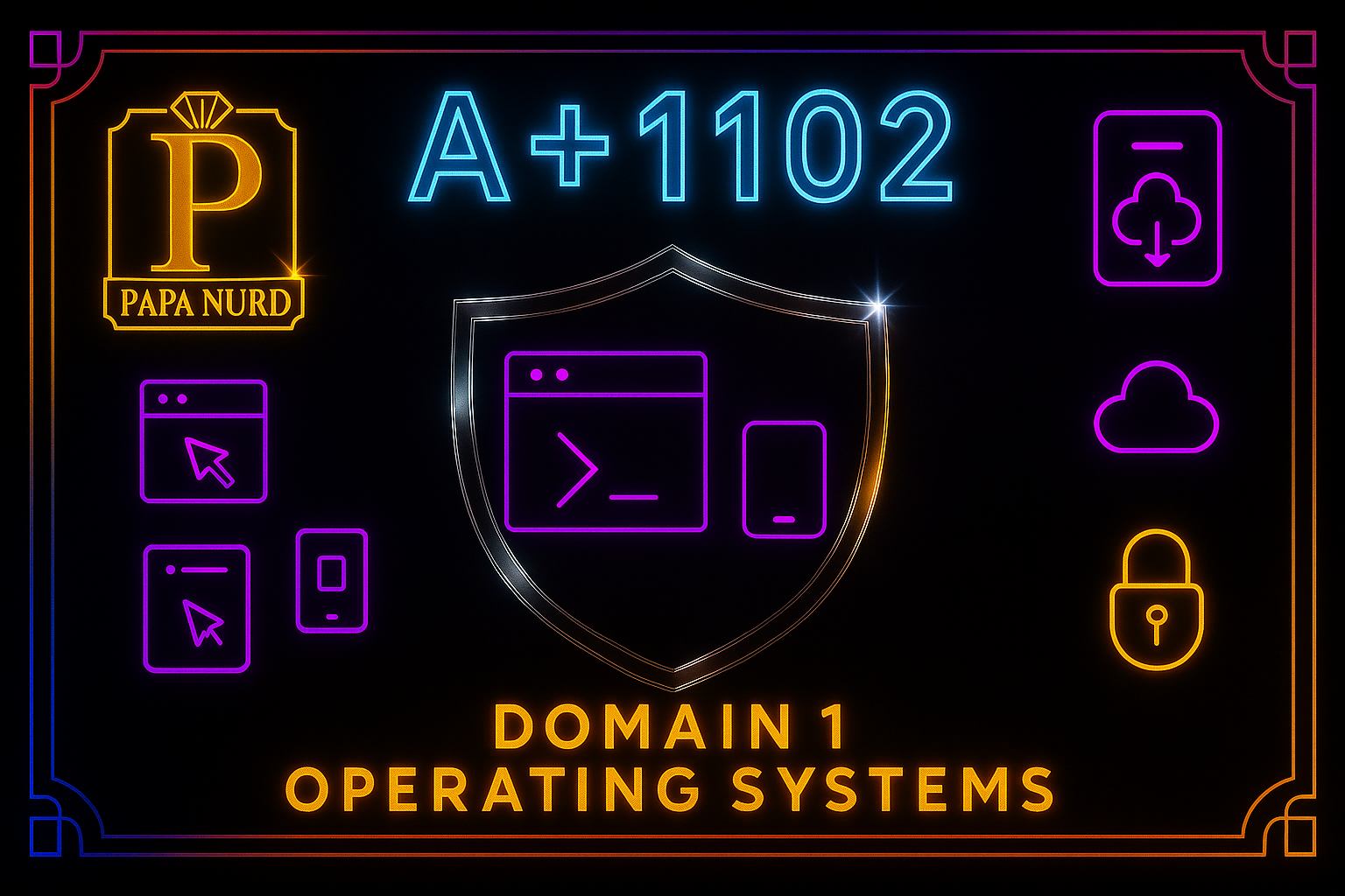 Neon sign with various icons related to cybersecurity and technology, including a shield, a lock, a cloud, a webpage, a smartphone, and a terminal window. The sign reads 'A+1102' and 'Domain 1 Operating Systems' with a logo that says 'Papa NURD' in the upper left corner.