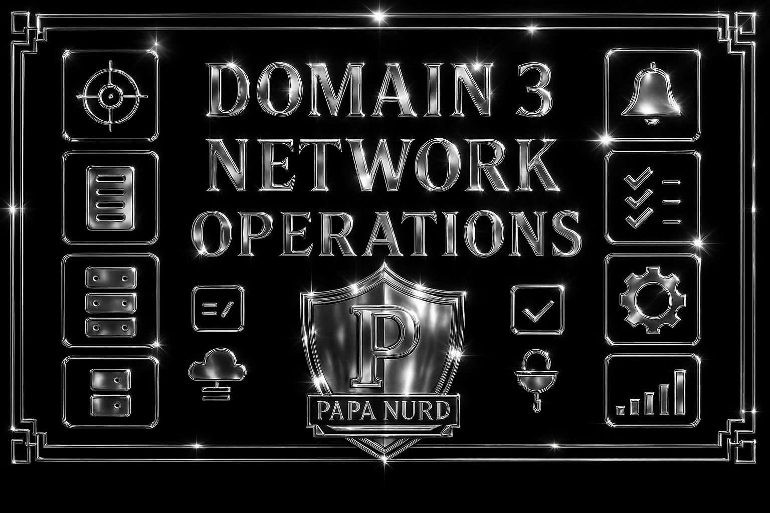 Futuristic neon sign that reads 'Domain 3 Network Operations' with icons for target, server, cloud, bell, checklist, gear, and bar graph.