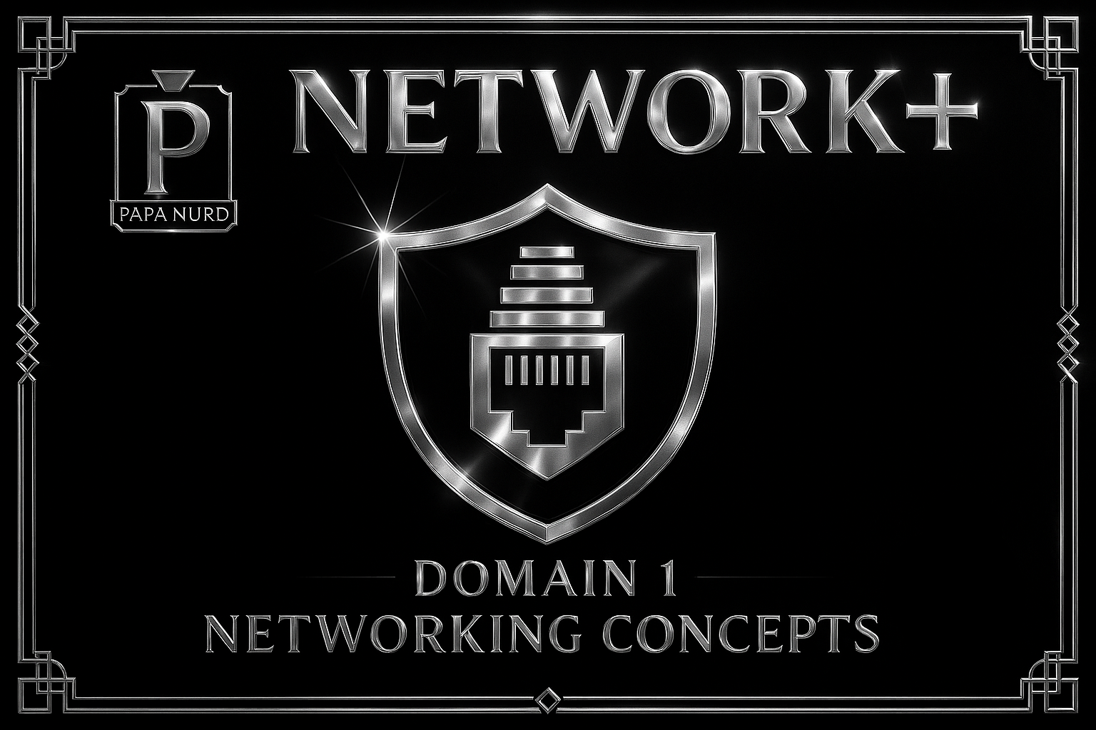 A black and silver metallic digital logo with the word 'NETWORK+' at the top, a shield emblem in the center featuring an Ethernet port icon, and the text 'DOMAIN 1 NETWORKING CONCEPTS' at the bottom. A small left inset with the letter 'P' and the words 'PAPA NURD' is also present.