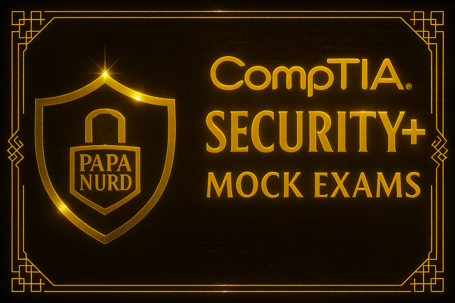 A digital neon-style sign with a shield emblem, the words "CompTIA SECURITY+ MOCK EXAMS," and a small shield with the text "PAPA NURD" inside.