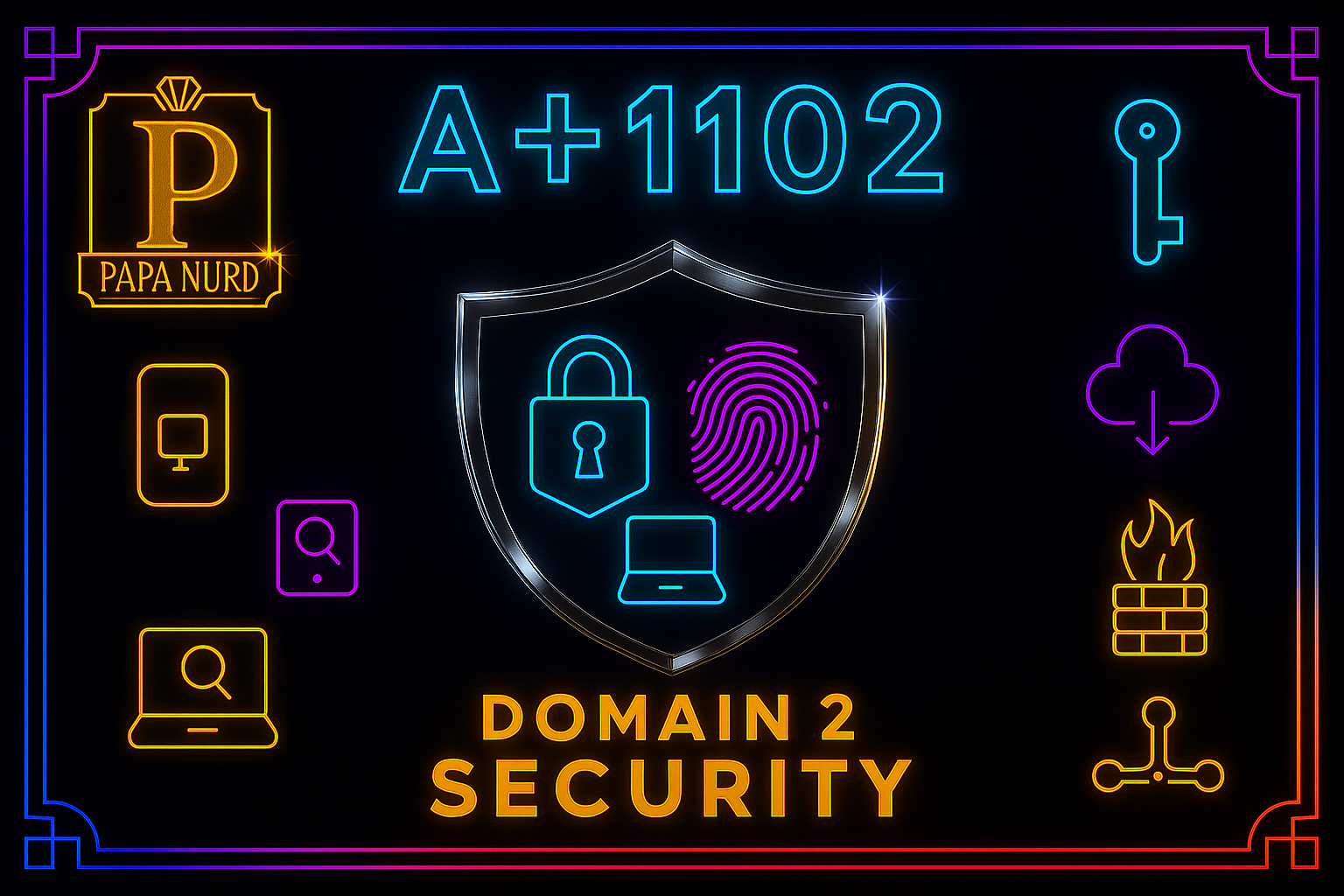 Neon security emblem with a shield in the center displaying a lock, fingerprint, and laptop icons. The top shows a code 'A+1102.' Left side has icons of a diamond marked 'Papa Nurd,' a computer monitor, and magnifying glasses. The right side has icons of a key, cloud download, a fire, and a network diagram. The bottom reads 'Domain 2 Security' in neon letters.