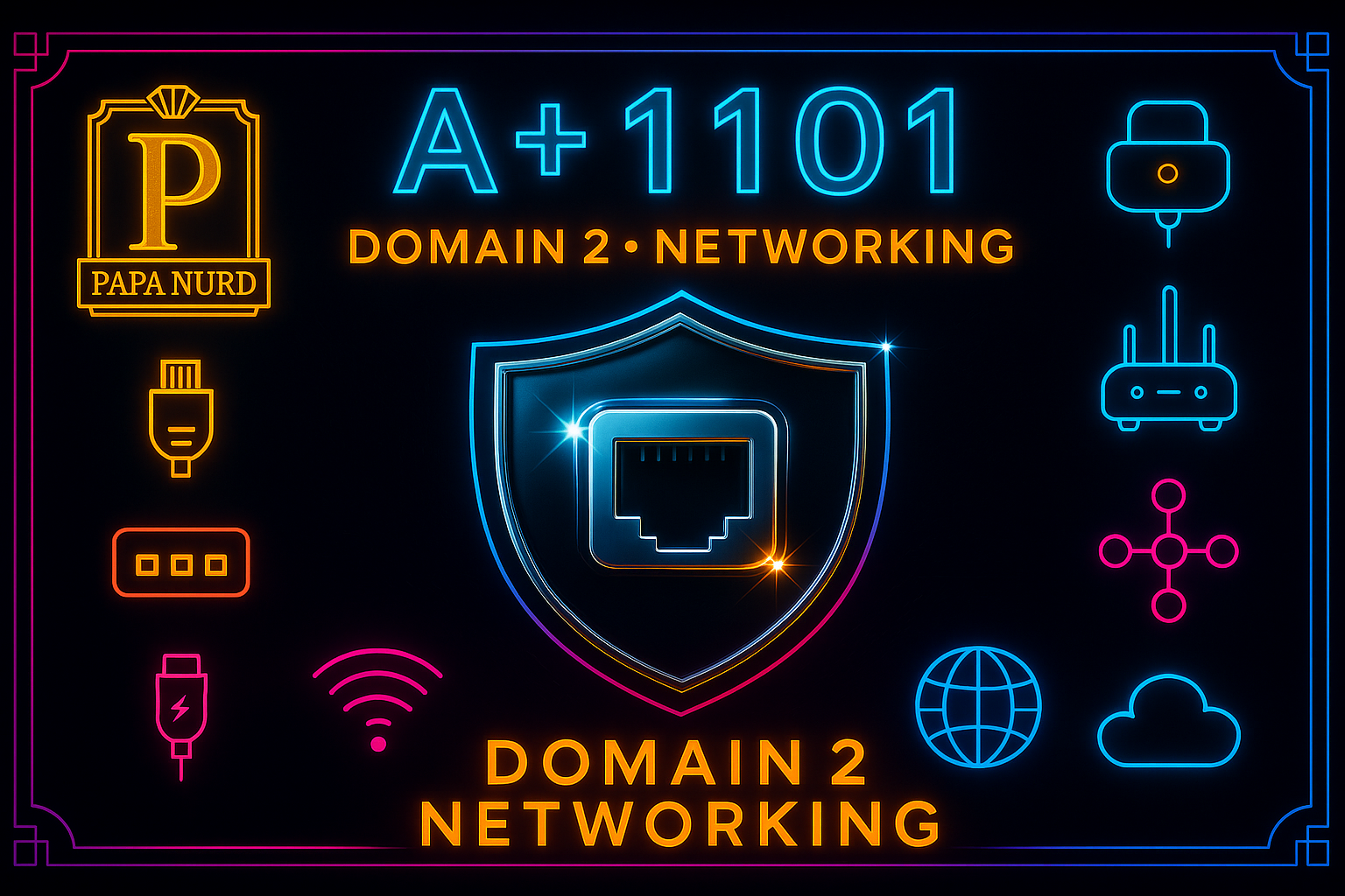 Neon sign-style illustration with network icons, shield, and text indicating computer networking, such as 'A+ 1101', 'Domain 2', and 'Networking'; includes icons of a lock, router, globe, cloud, and connectivity symbols.