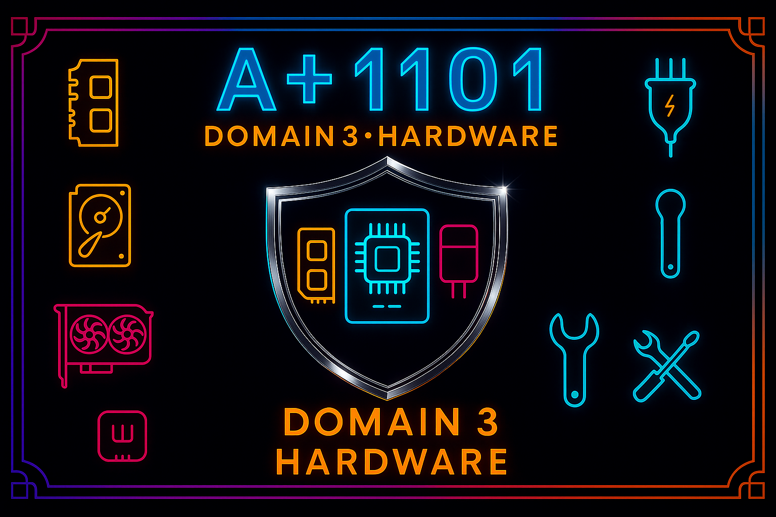 Neon sign illustration of computer hardware components including CPU, RAM, graphics card, and other tools like wrench and screwdriver, with text 'A+ 1101', 'Domain 3 - Hardware', and 'Main 3 Hardware'.