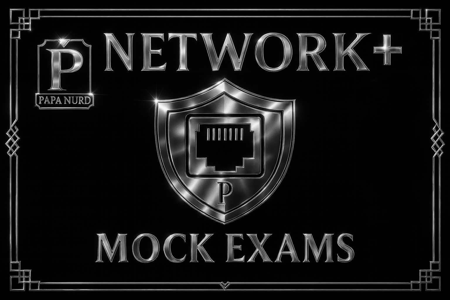 Black background with silver text and design elements, displaying the words 'Network+', 'Papa Nur', and 'Mock Exams', with a shield in the center featuring an Ethernet port icon.