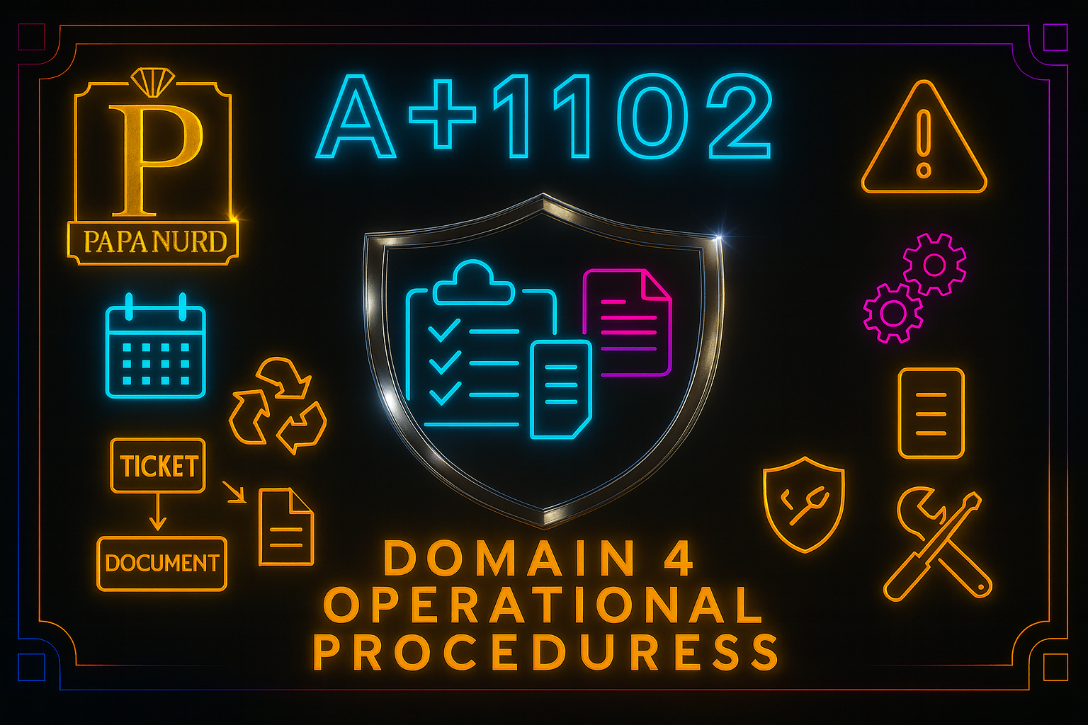 Neon sign illustrating icons related to document management and operational procedures, including a shield with checklist and file icons, surrounded by symbols for calendar, recycle, warning triangle, gears, shield, and tools, with text "Domain 4 Operational Procedures" and "Papanurd" logo.