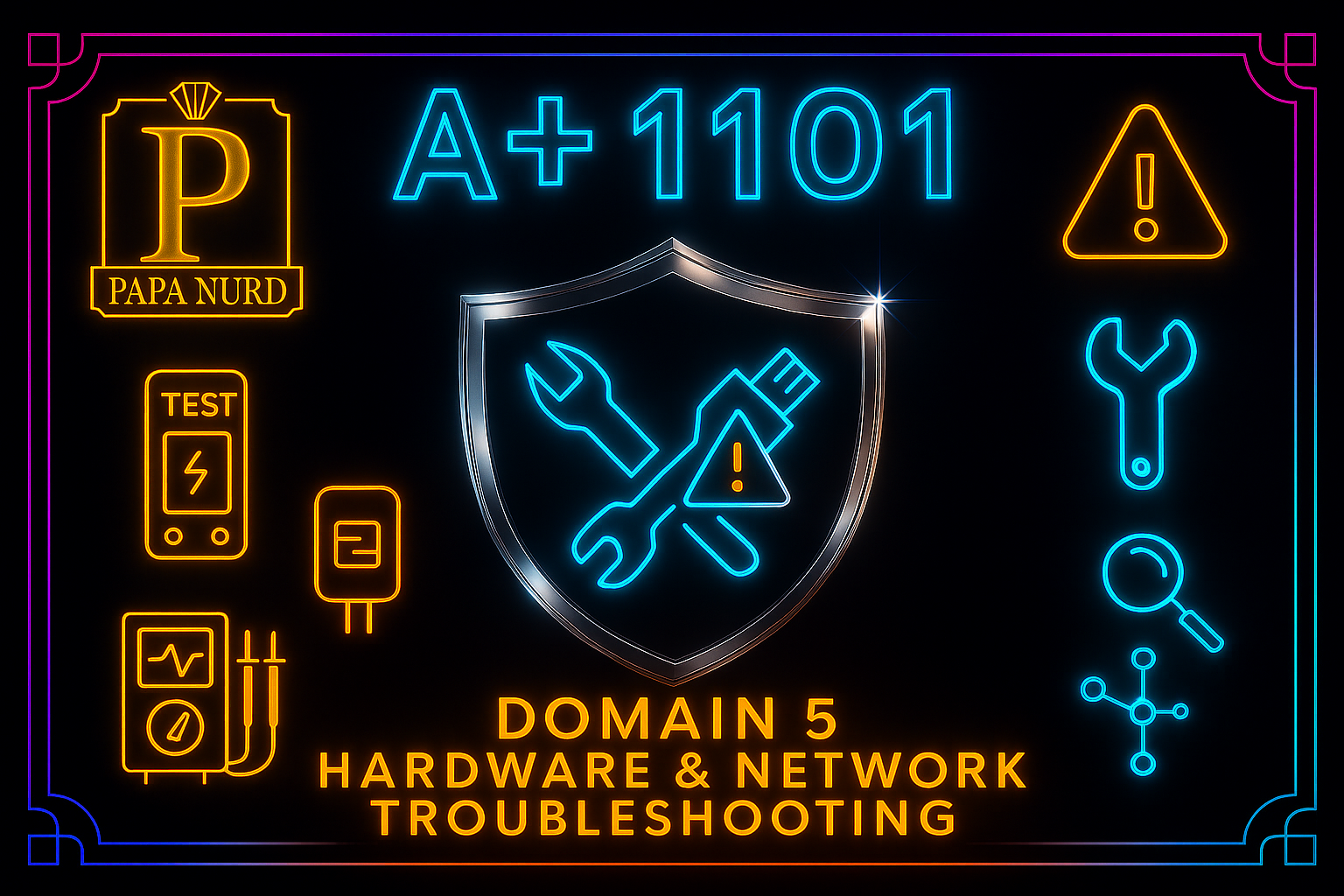 Neon sign with icons related to hardware and network troubleshooting, including a shield with tools and warning signs, and text reading "Domain 5 Hardware & Network Troubleshooting."