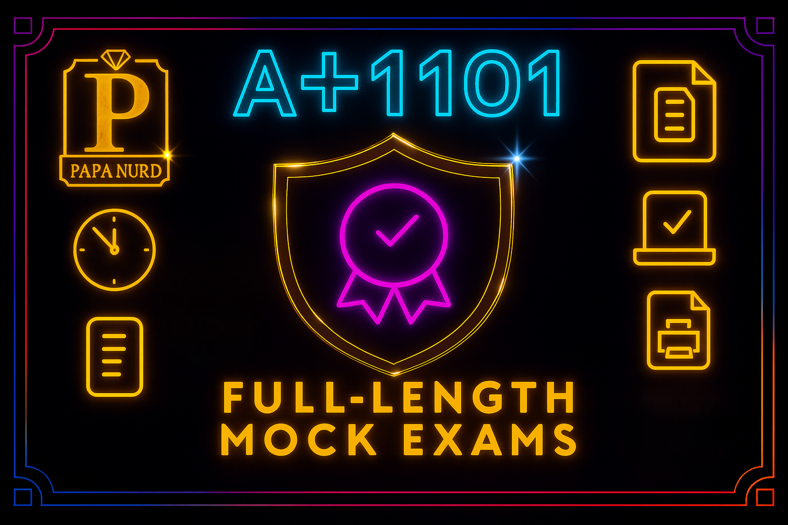 Neon sign advertising full-length mock exams for A+ 1101 with symbols of a shield with a checkmark, a clock, a document, a checklist on a laptop, and a printer, with additional text and logos in a dark background.