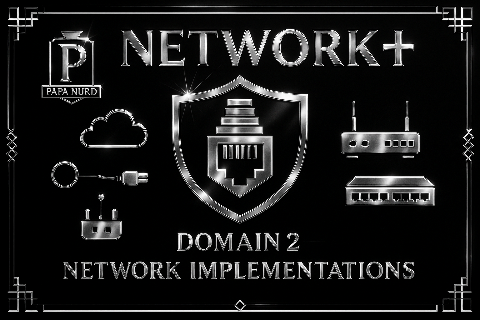 Neon-style image with the phrase 'NETWORK+ DOMAIN 2 NETWORK IMPLEMENTATIONS' and icons of a cloud, networking cables, a router, and network switches, all set against a black background with a decorative border.