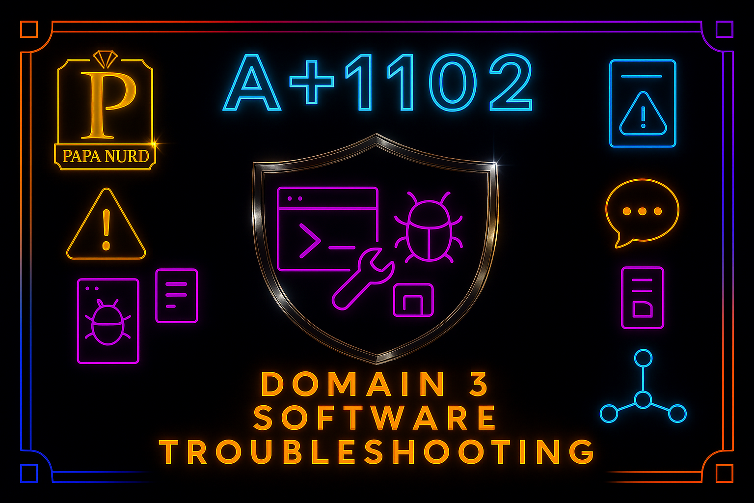 Neon sign with various icons and text related to cybersecurity and troubleshooting. Includes a shield emblem with a terminal window, bug symbol, wrench, and folder icon. Text reads, 'A+1102', 'PAPA NURD', and 'DOMAIN 3 SOFTWARE TROUBLESHOOTING'.