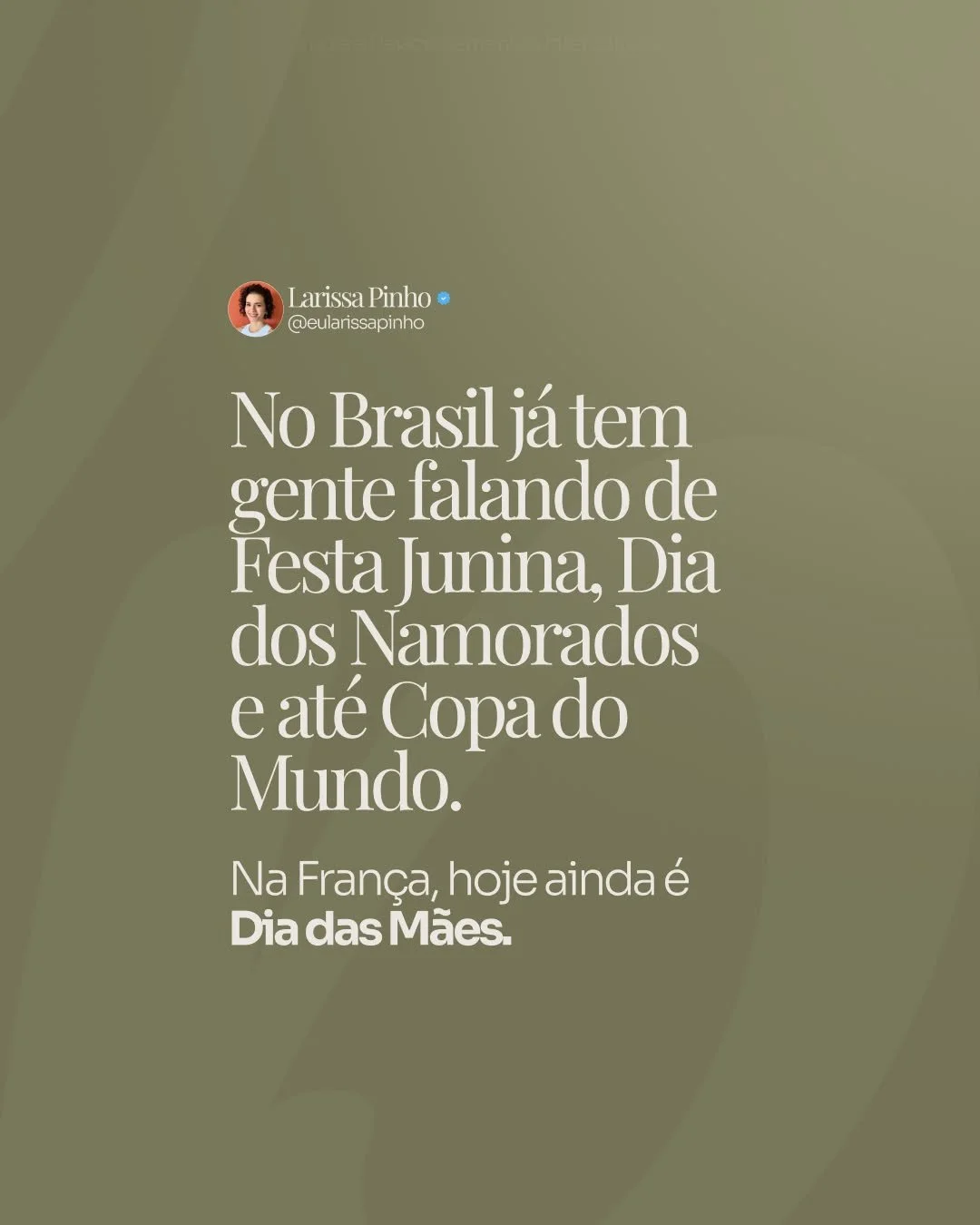 No Brasil o Dia das M&atilde;es j&aacute; passou.

Na Fran&ccedil;a, A F&ecirc;te des M&egrave;res ainda est&aacute; sendo celebrado.

E talvez viver fora do pa&iacute;s seja exatamente isso: perceber que algumas emo&ccedil;&otilde;es passam a existi