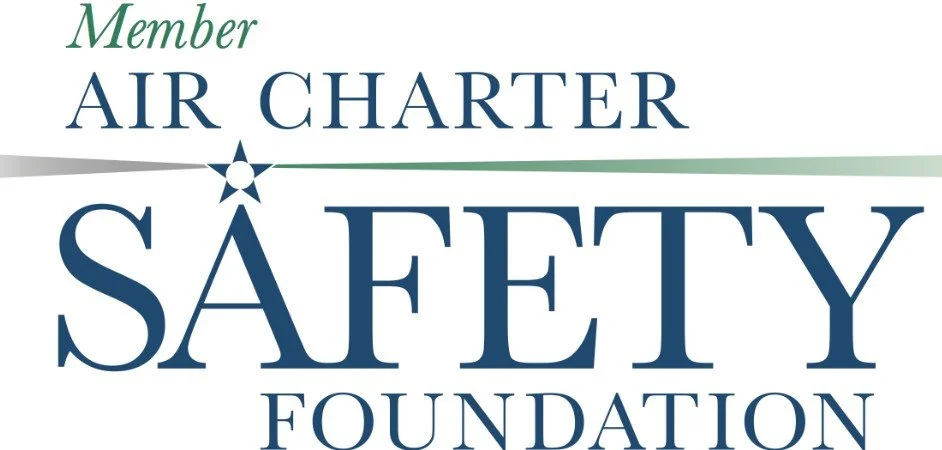 Logo for the Member Air Charter Safety Foundation with text in green and blue fonts and a star in the center.