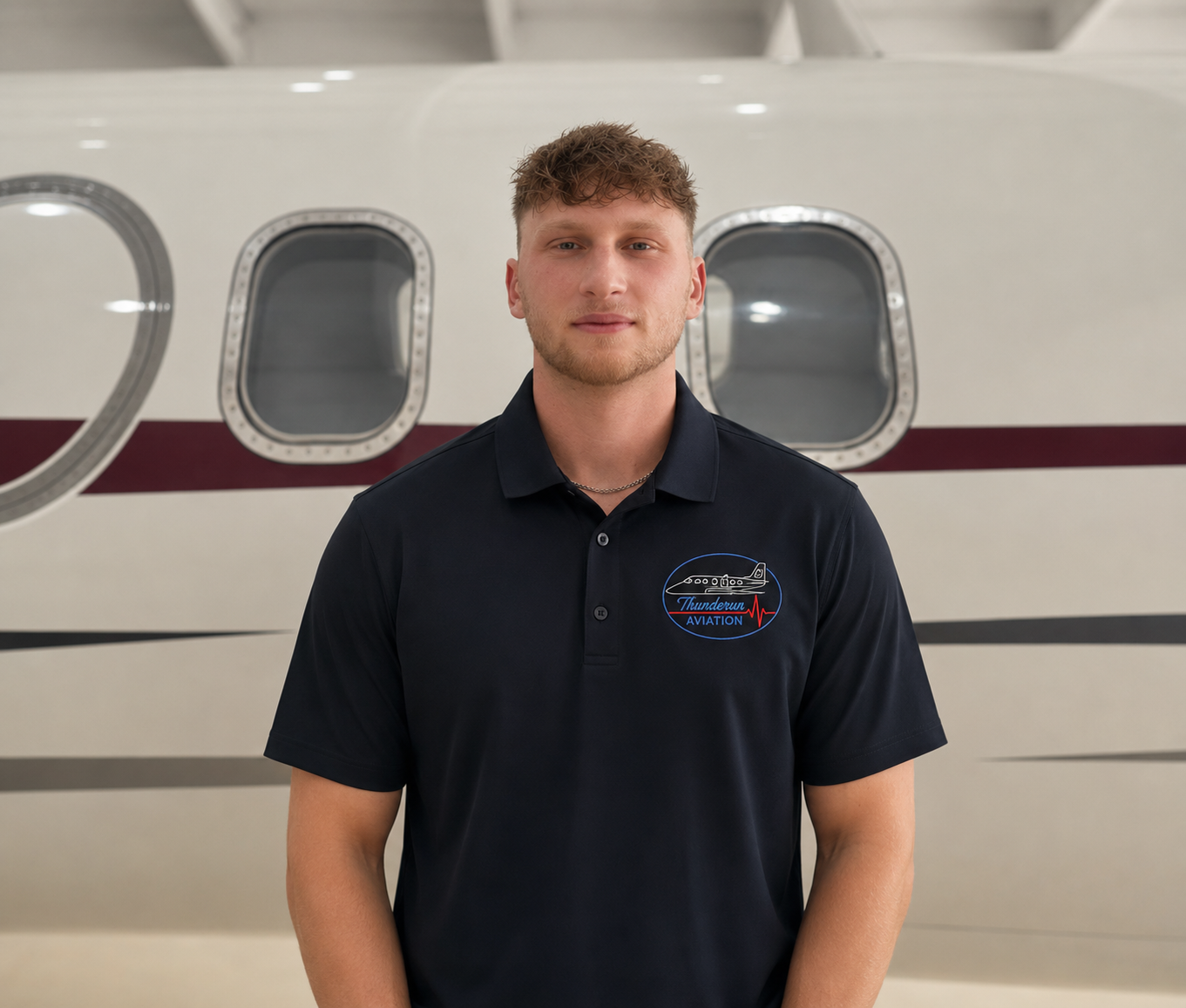 A young man with curly auburn hair and a light beard stands in front of a small aircraft, wearing a black polo shirt with an aviation logo.