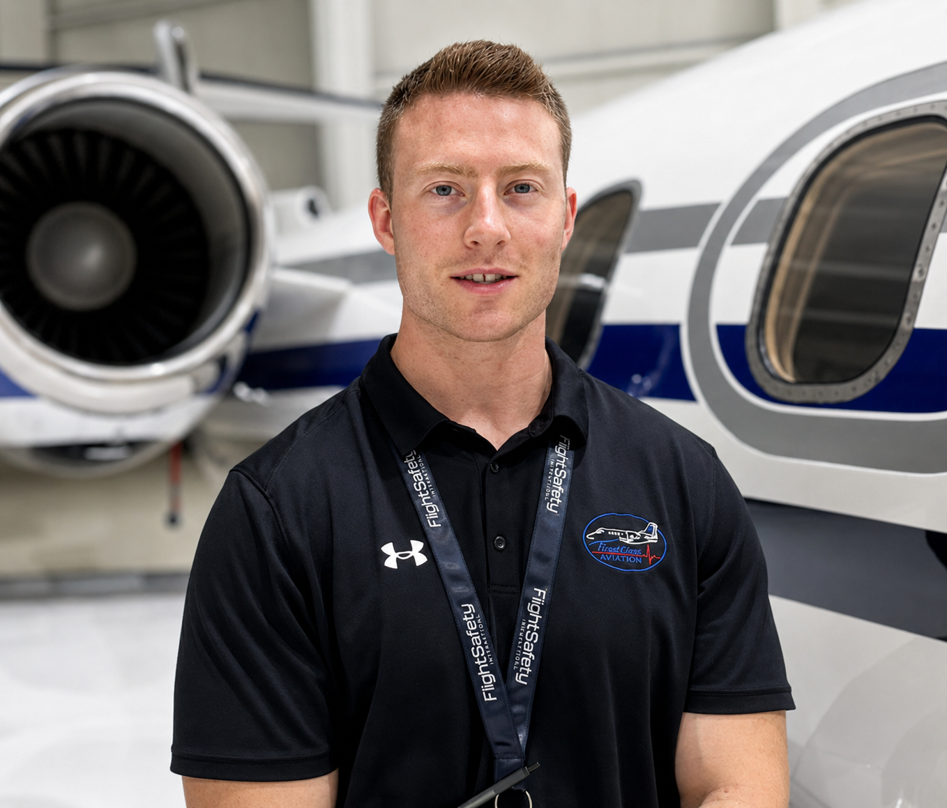 A young man with short red hair and blue eyes standing in front of a white airplane with jet engines, wearing a black polo shirt and a lanyard with the logo 'Flight Safety'.