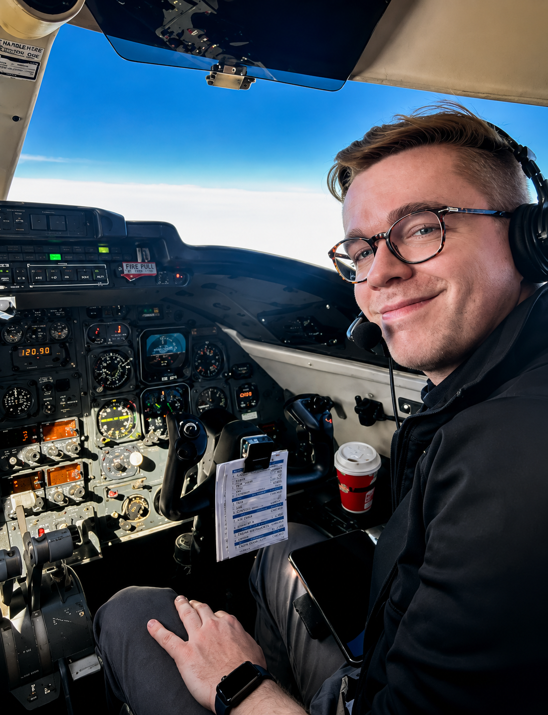 A young man with glasses and a headset sitting in the cockpit of an aircraft, smiling at the camera with sky visible outside the cockpit windows.
