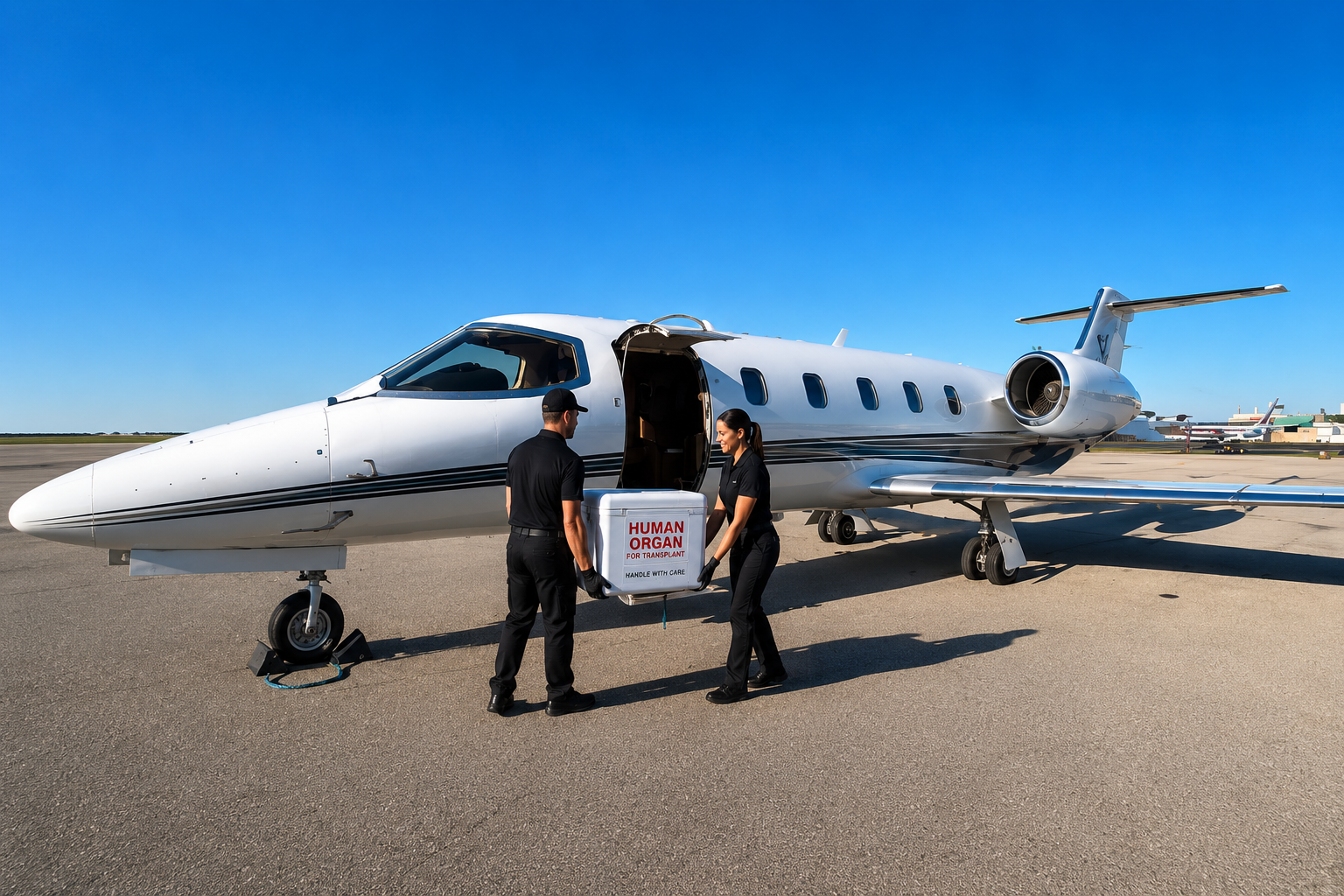 Two people loading a box labeled 'Human Organ for Transplant' into a private jet on an airport tarmac under a clear blue sky.
