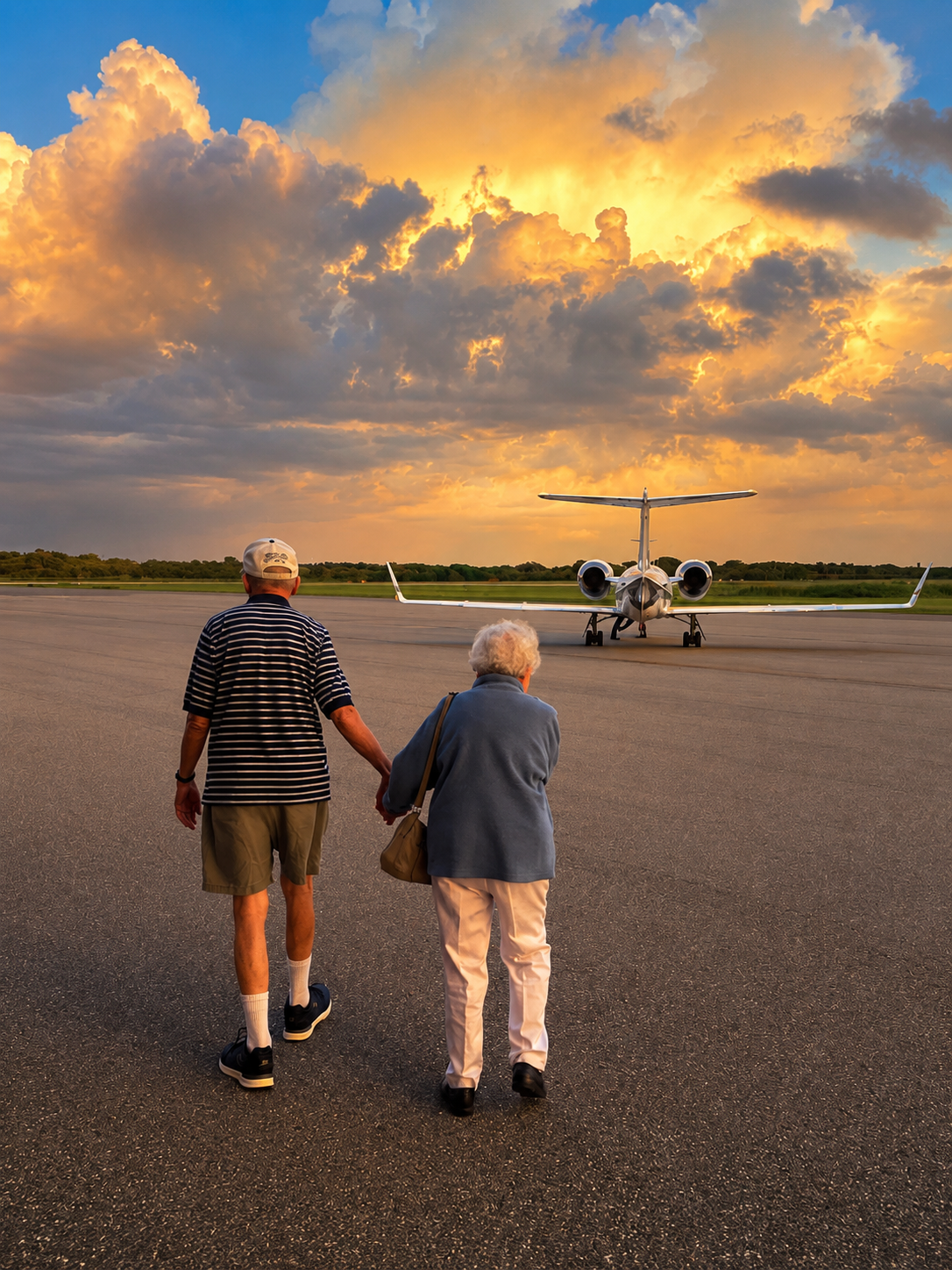 An elderly couple walking hand-in-hand on an airport tarmac towards a private jet at sunset, with dramatic clouds and orange sky overhead.