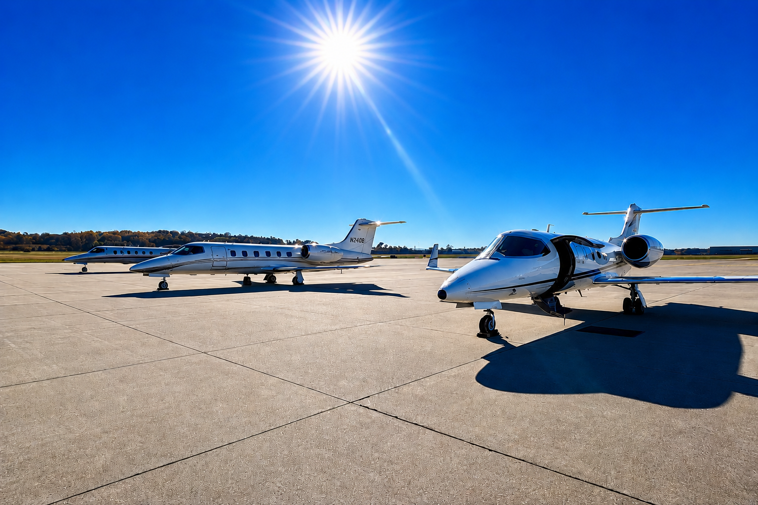 Two private jets parked on a concrete tarmac under a bright blue sky with the sun high overhead.