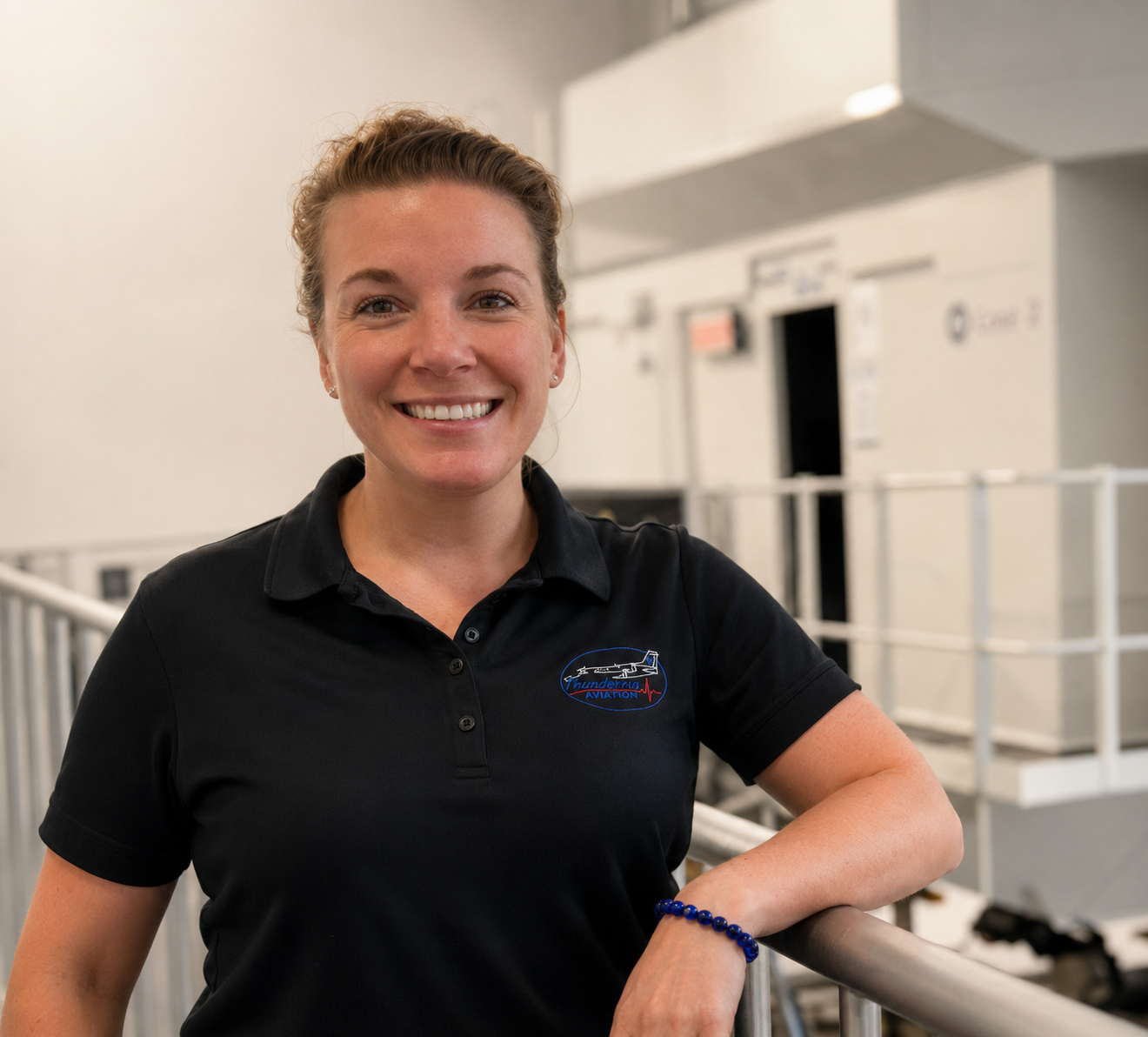 A smiling woman wearing a black polo shirt with an aviation logo, standing indoors near a railing.