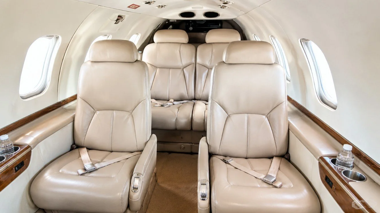 Interior of a private jet with beige leather seats, windows on the sides, wooden panel accents, and bottled water in cup holders.