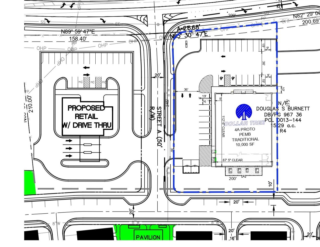 Architectural site plan showing proposed retail building with drive-thru, Dollar Tree store layout, parking areas, and surrounding streets with dimensions.