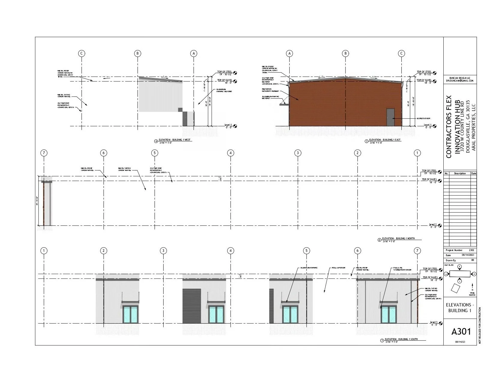 Architectural blueprint showing elevations of a building, including front, side, and rear views, with measurements and construction details.