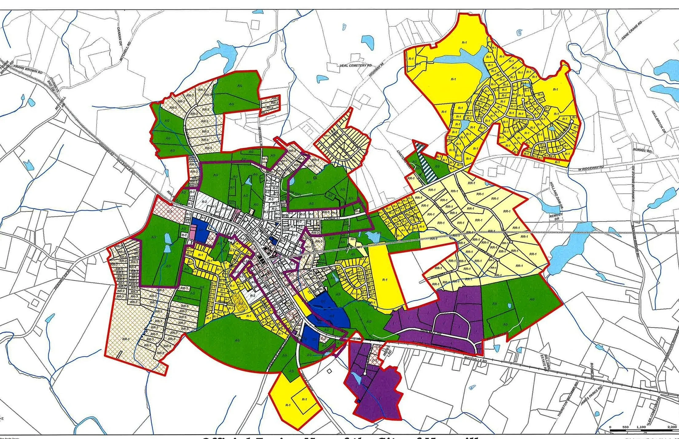 A detailed city zoning map with various colors and boundary lines, indicating different zoning districts and land uses.
