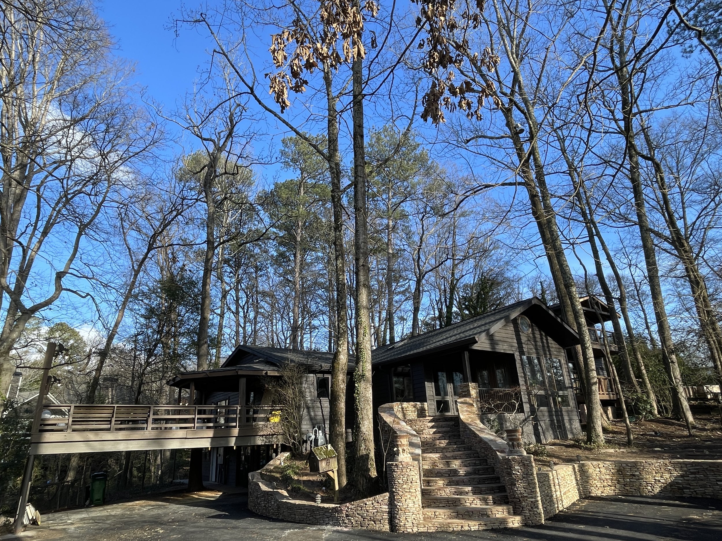 A dark-colored house with multiple stories, large glass windows, and a stone staircase leading to the entrance, surrounded by tall, leafless trees under a blue sky.