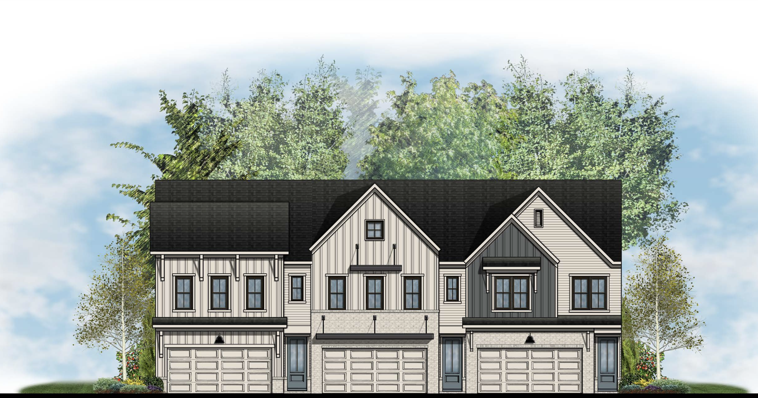 A modern townhouse with three garages, black roof, and light-colored siding, surrounded by trees and a lawn, under a partly cloudy sky.