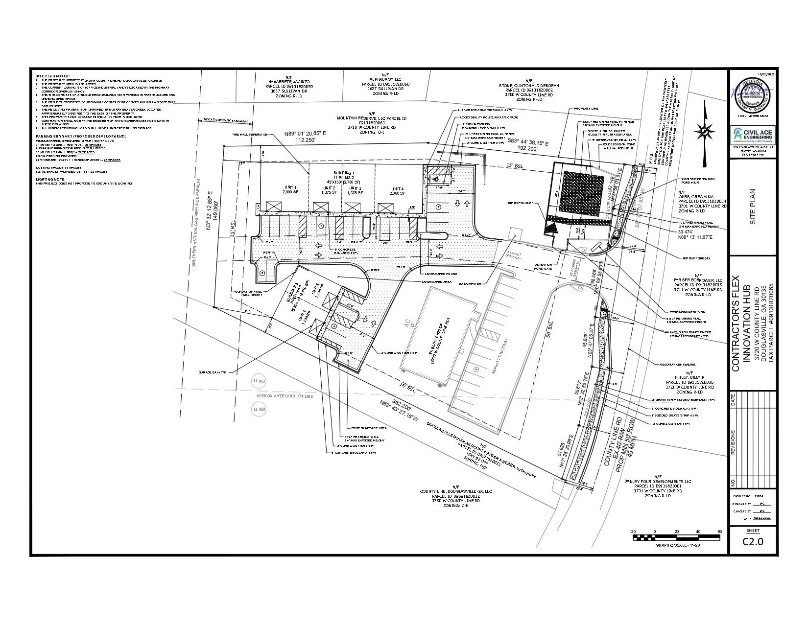 Architectural site plan showing building layout, parking, landscaping, and surrounding property boundaries.
