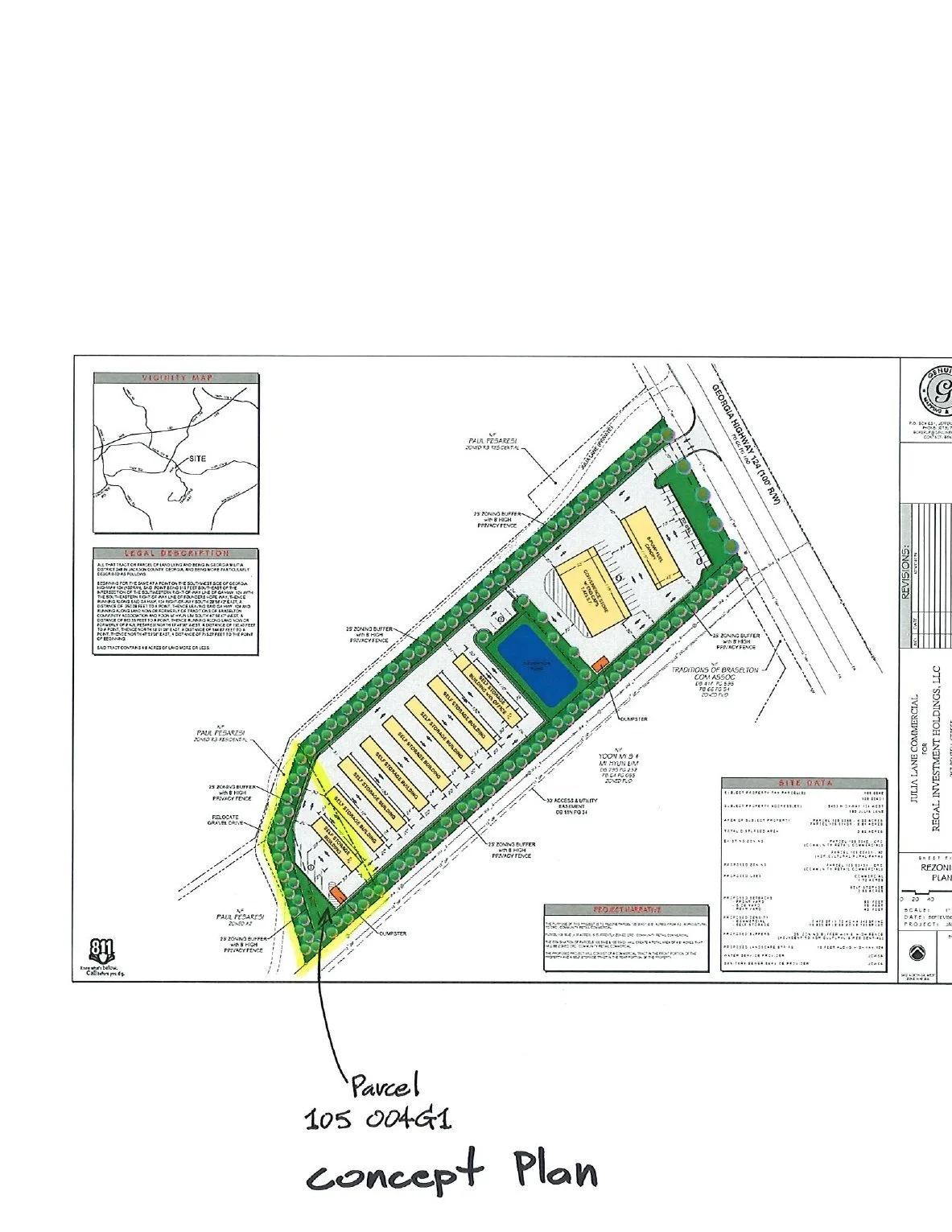 A detailed site plan labeled as 'concept plan' for a development project, showing building layouts, green spaces, a swimming pool, parking areas, and surrounding greenery, with handwritten notes indicating parcel number and the label 'concept plan'.