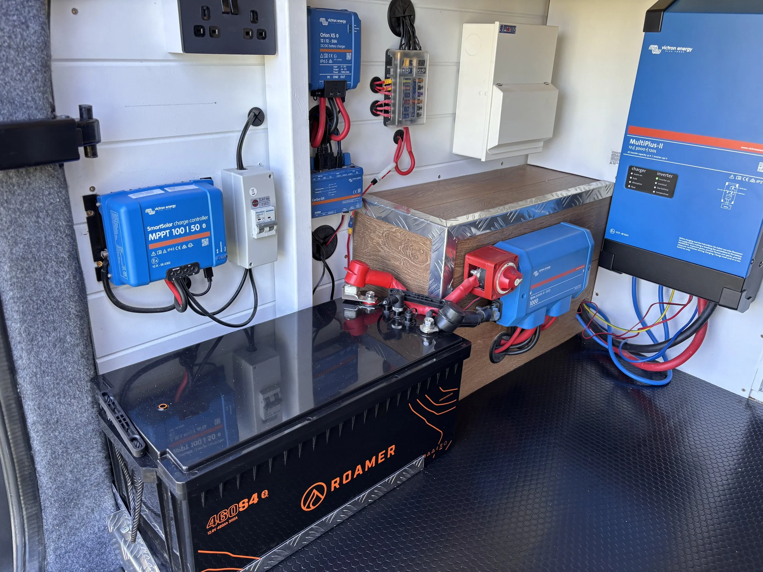 An electric system setup featuring a blue Victron Energy MPPT charge controller, a white fuse box, a blue Victron Energy inverter, and various wiring and components mounted on a white wall and a black floor.