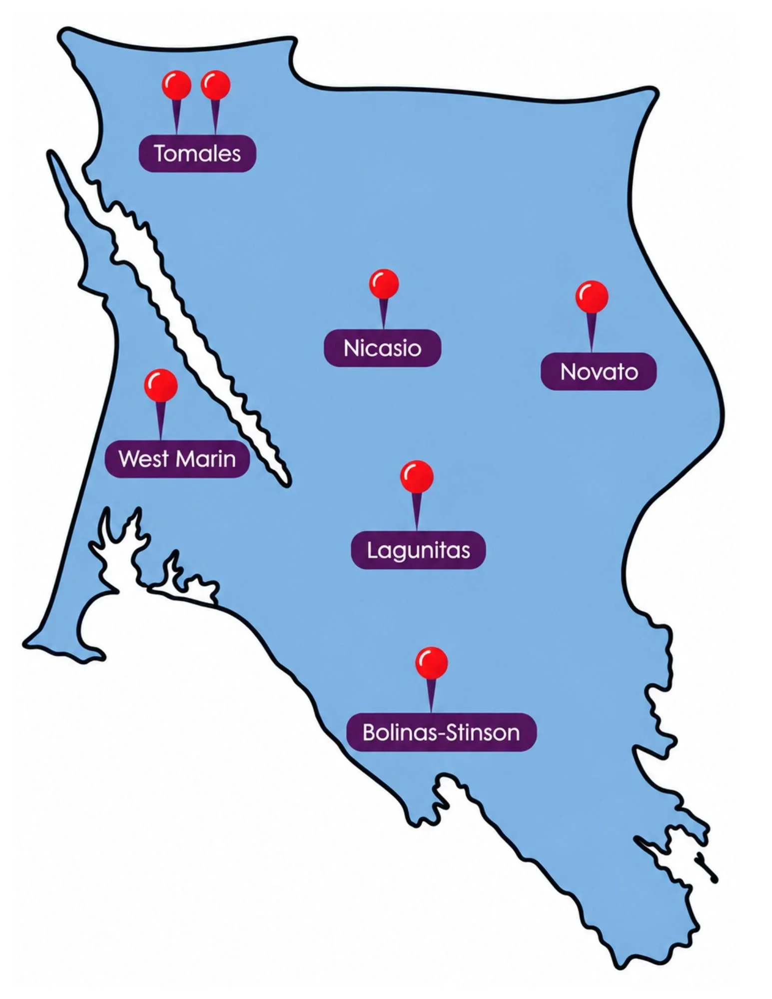 Locations shownTomales · Nicasio · Novato · West Marin · Lagunitas · Bolinas-Stinson