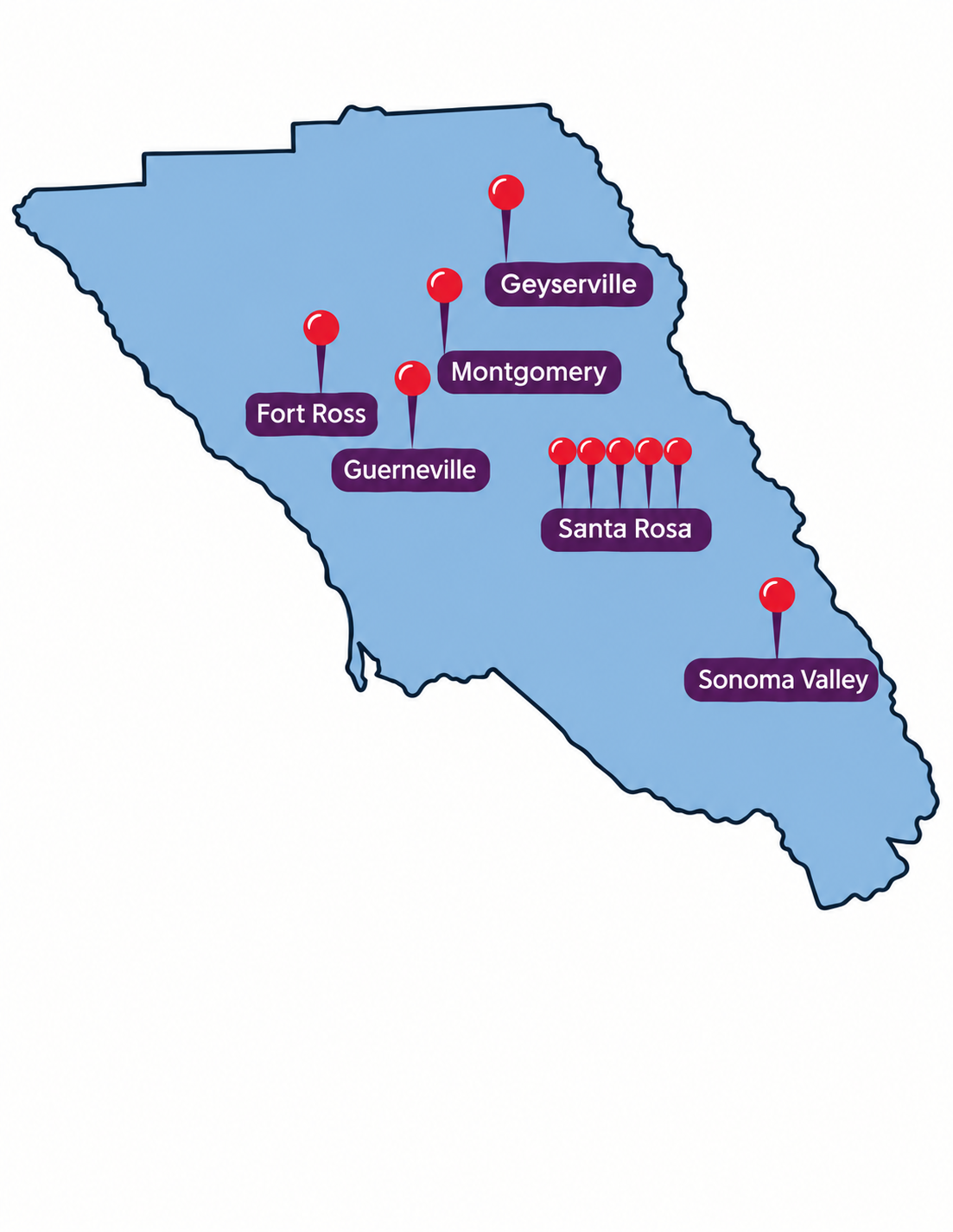 Locations shownGeyserville · Montgomery · Fort Ross · Guerneville · Santa Rosa · Sonoma Valley